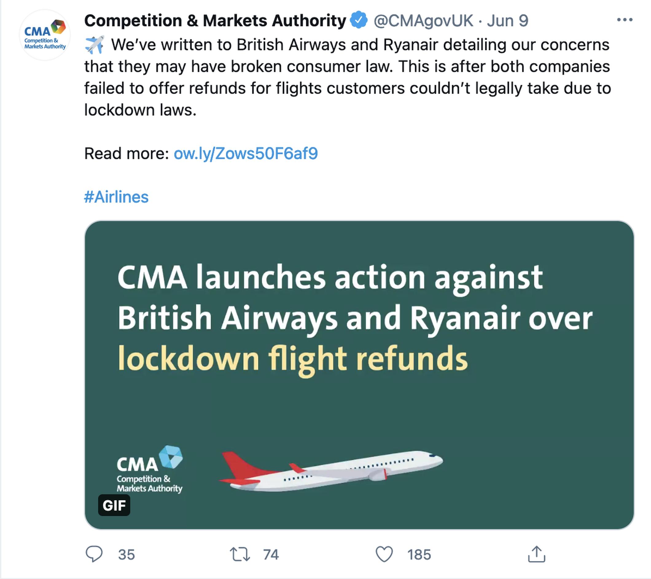 How the CMA announced its investigation on Twitter