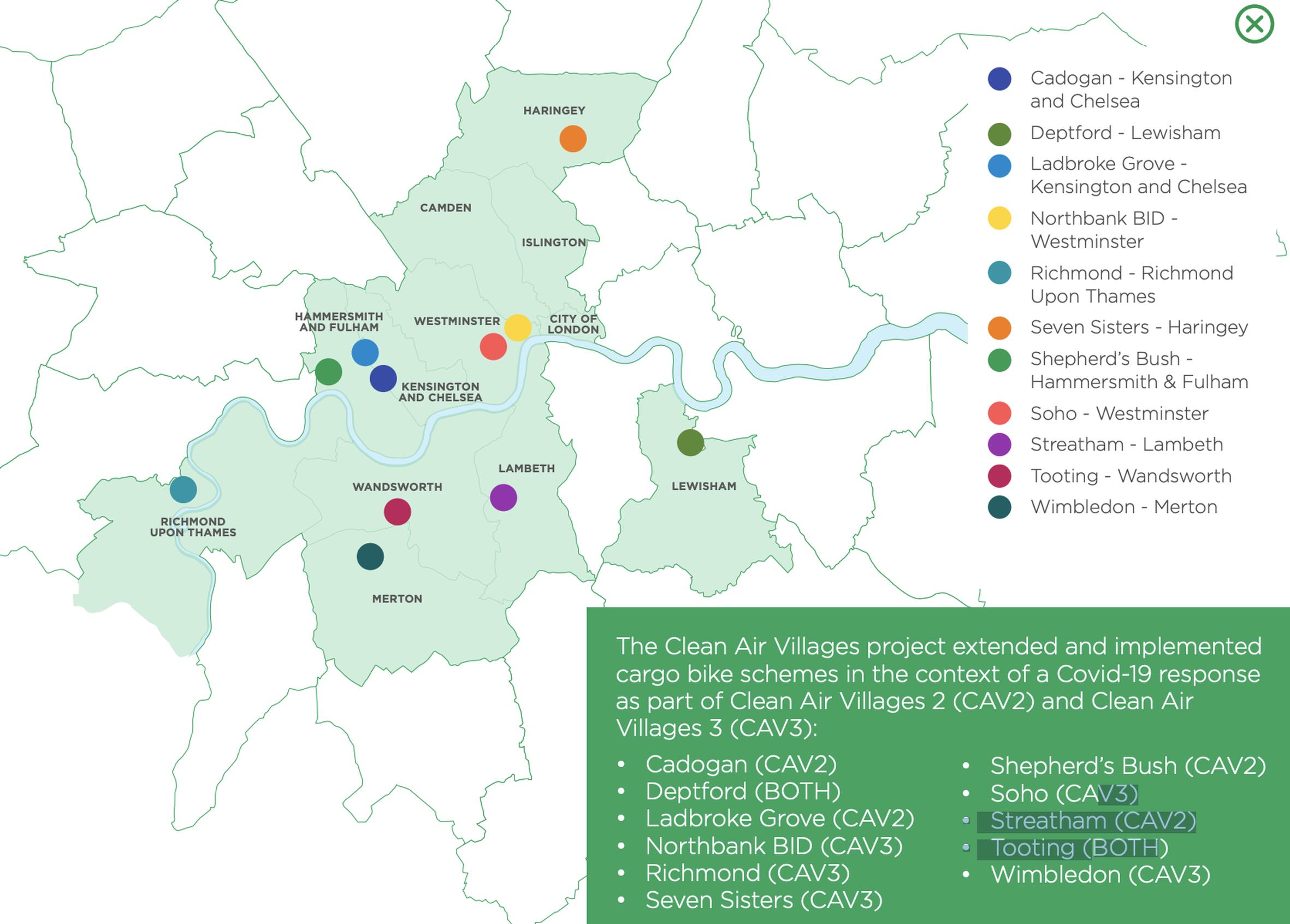 Map of the Clean Air Villages 4 (CAV4) projects across London (Cross River Partnership)