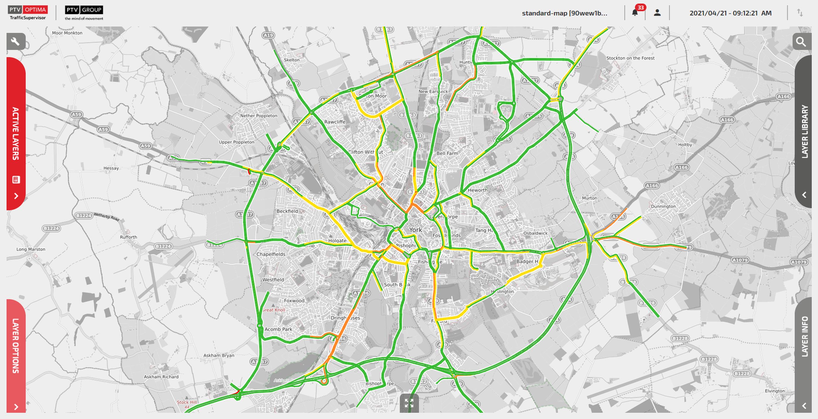 TomTom live speed data is mapped to the York Optima network in real-time and provides a key input to the models. TomTom were selected to be the provider of live empirical speed data which is pulled directly by PTV Optima and mapped in real-time to the York network, providing an additional layer of information for the real-time models