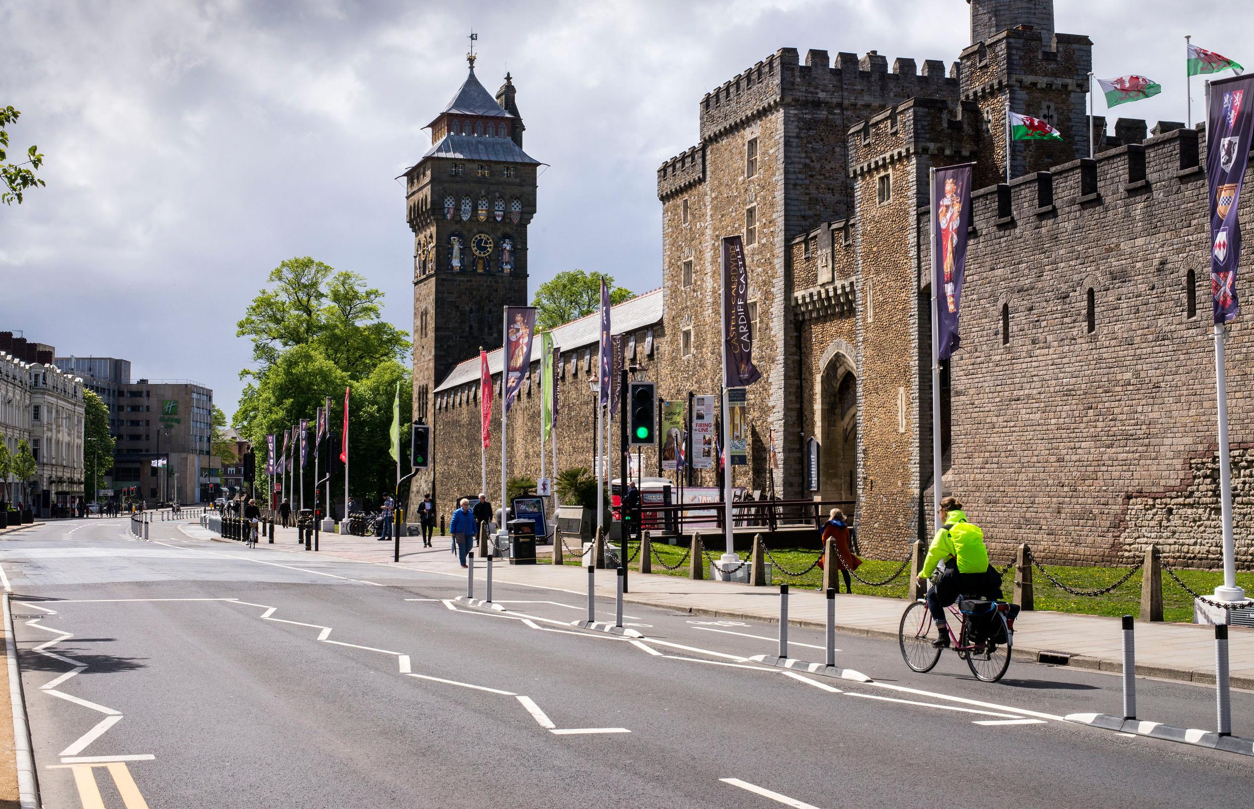 General traffic will be re-admitted to Castle Street, Cardiff, but with bus lanes and the cycleway beyond the wands will remain
