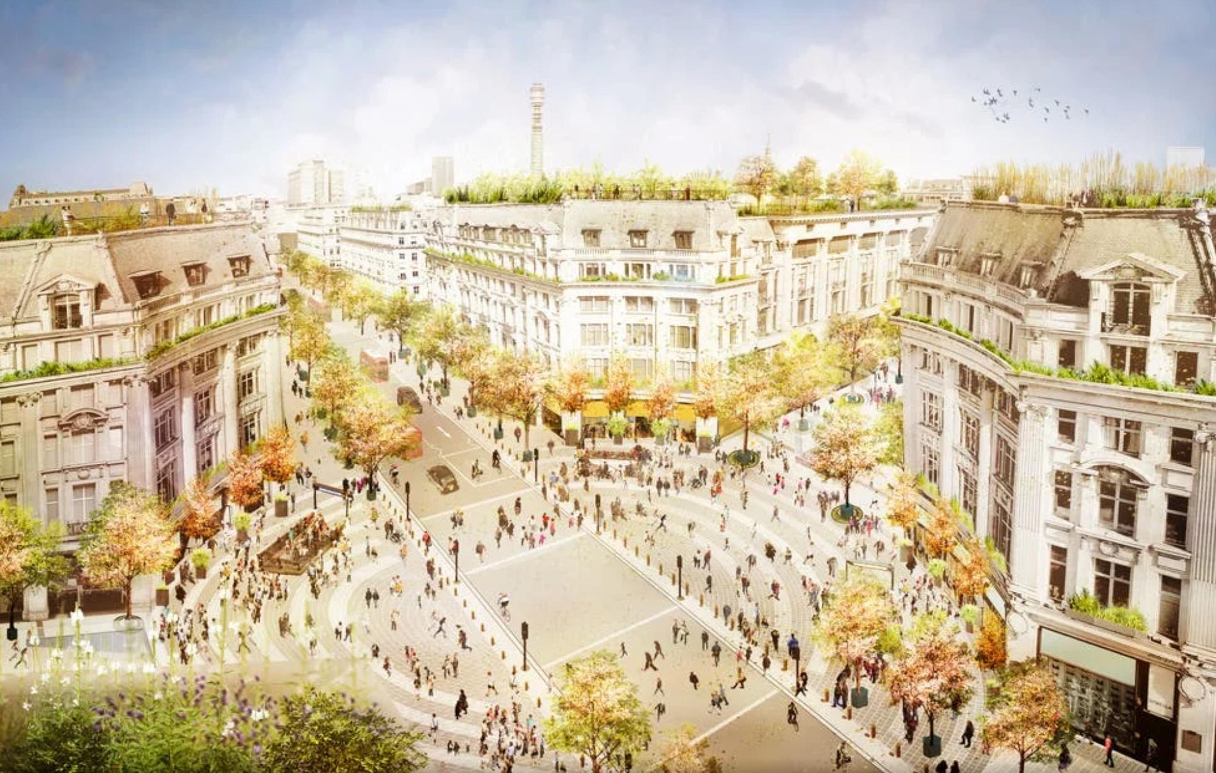 ‘Pedestrian-first zones’ will be created to the east and west of Oxford Circus, with additional planting and seating
