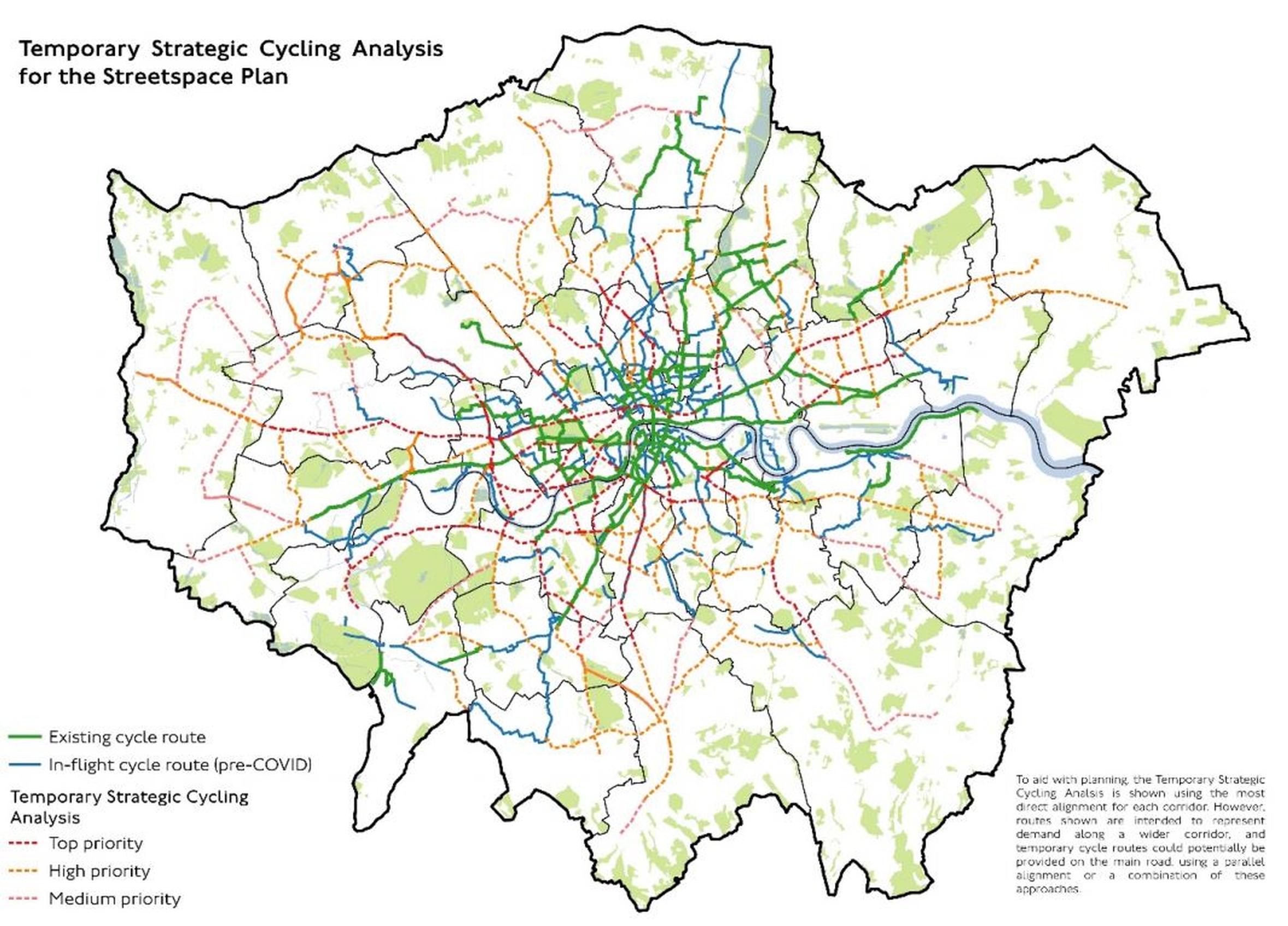 Figure 1: Temporary Strategic Cycling Analysis for Streetspace Plan 2020. Spider diagram routes are focussed on trips into and out of the city centre. Source: Appendix Four Analysis for the Temporary Strategic Cycling Analysis v1, TfL