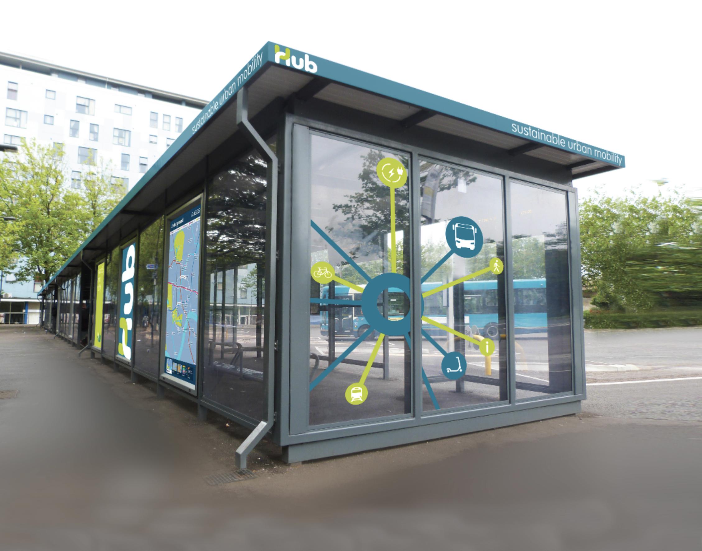 A mobility hub safe public transport passenger covered waiting area designed and provided by Trueform
