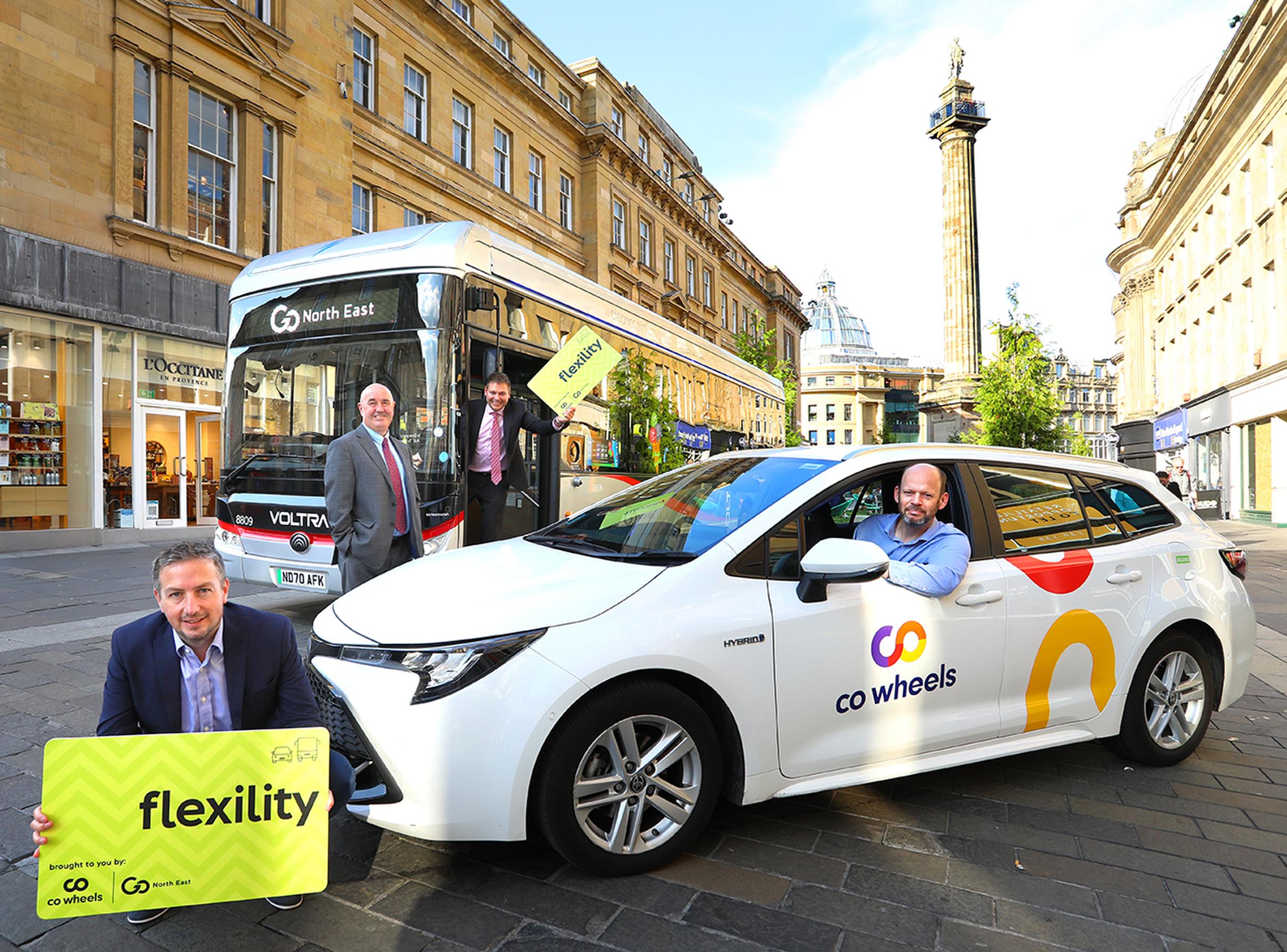 From left: Richard Falconer, MD of Co-Wheels; Cllr Ged Bell; Martijn Gilbert, MD of Go North East; Jamie Driscoll, North of Tyne Mayor