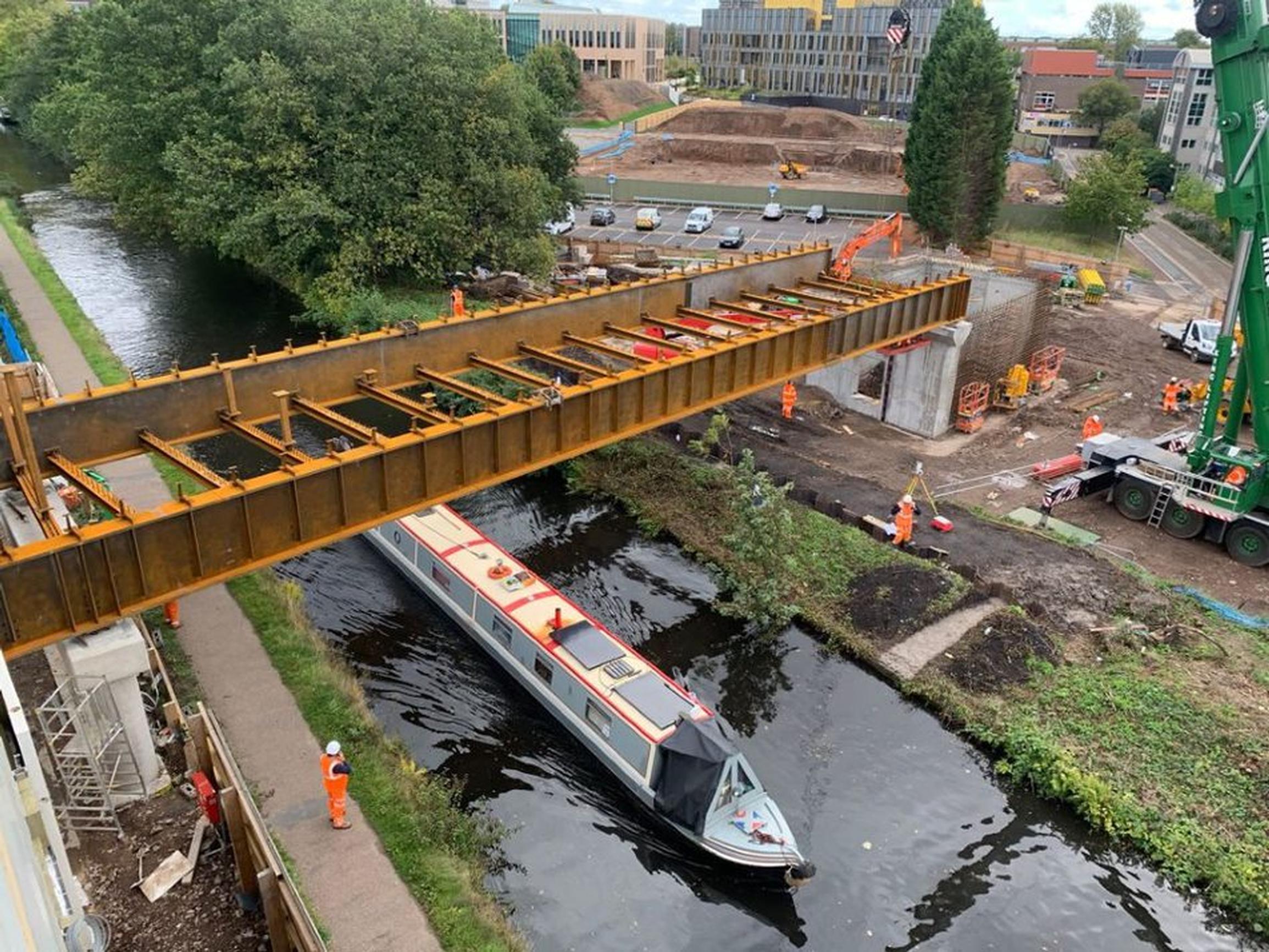 The bridge across the Worcester & Birmingham Canal will link the new University Station to the University of Birmingham campus