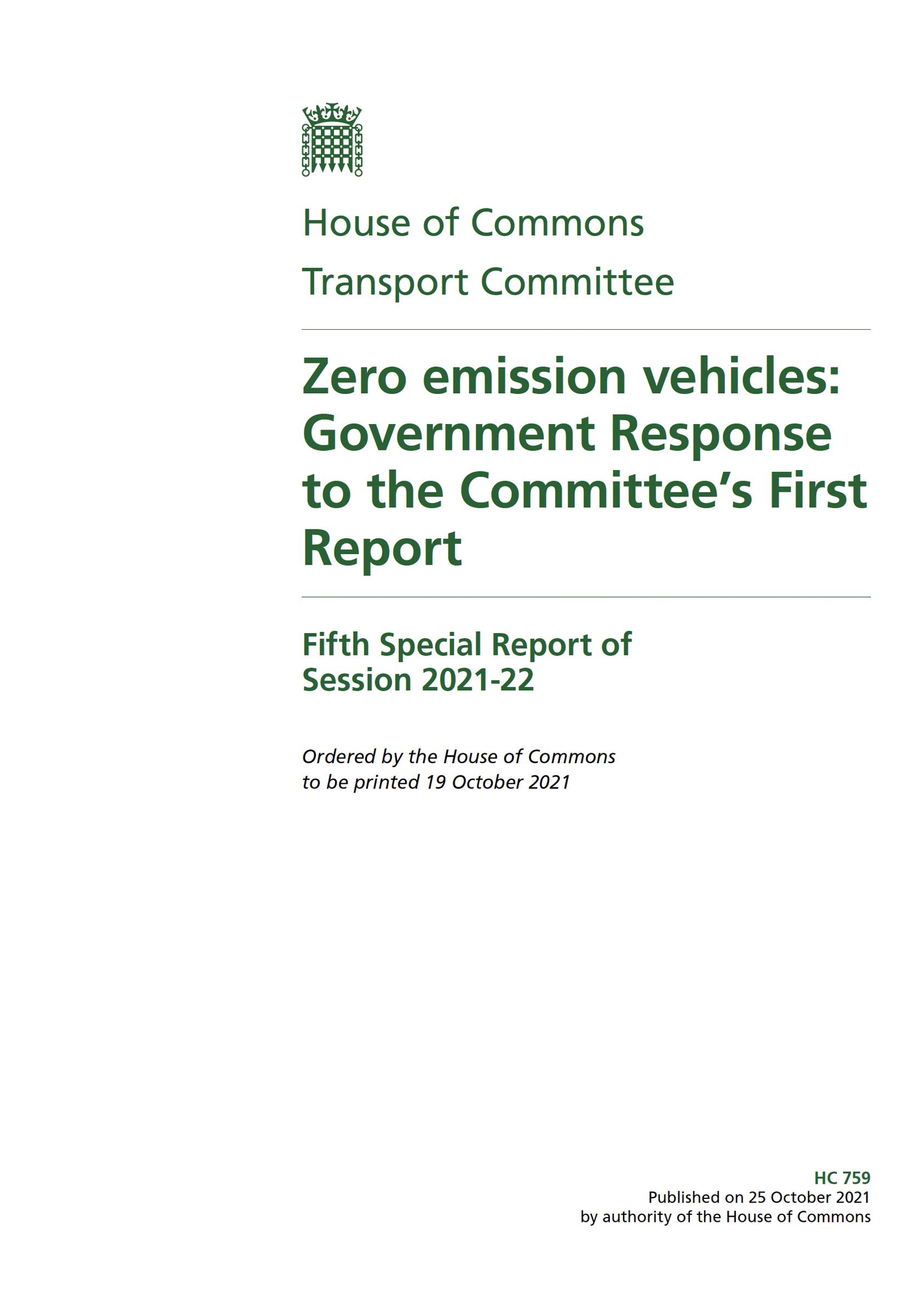 The government’s response to the Transport Committee’s report: Zero emission vehicles