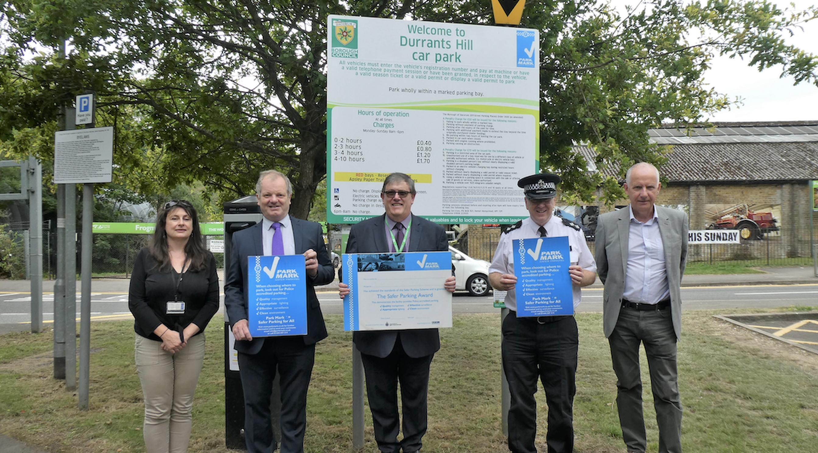 Sophie Groombridge, Designing Out Crime officer at Hertfordshire Constabulary, Cllr Andrew Williams, leader of Dacorum Borough Council, Steven Barnes, parking services team leader, Inspector Jeff Scott  and Antony Powell BPA area manager
