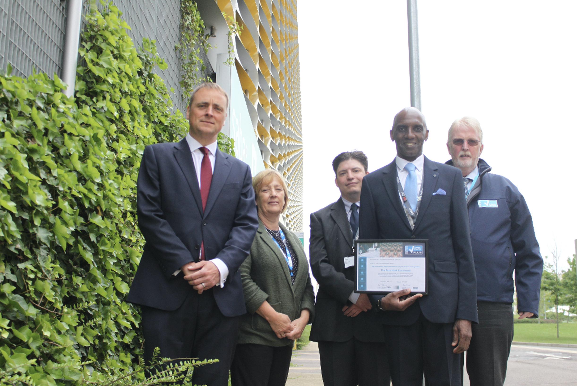 Lee Hales, operations manager at Saba UK, Karen Frost, support services manager at CUH Trust, Michael Pyatt, parking supervisor at Saba UK, Alan Hodge, contract manager at Saba UK and Peter Gravells, BPA area manager