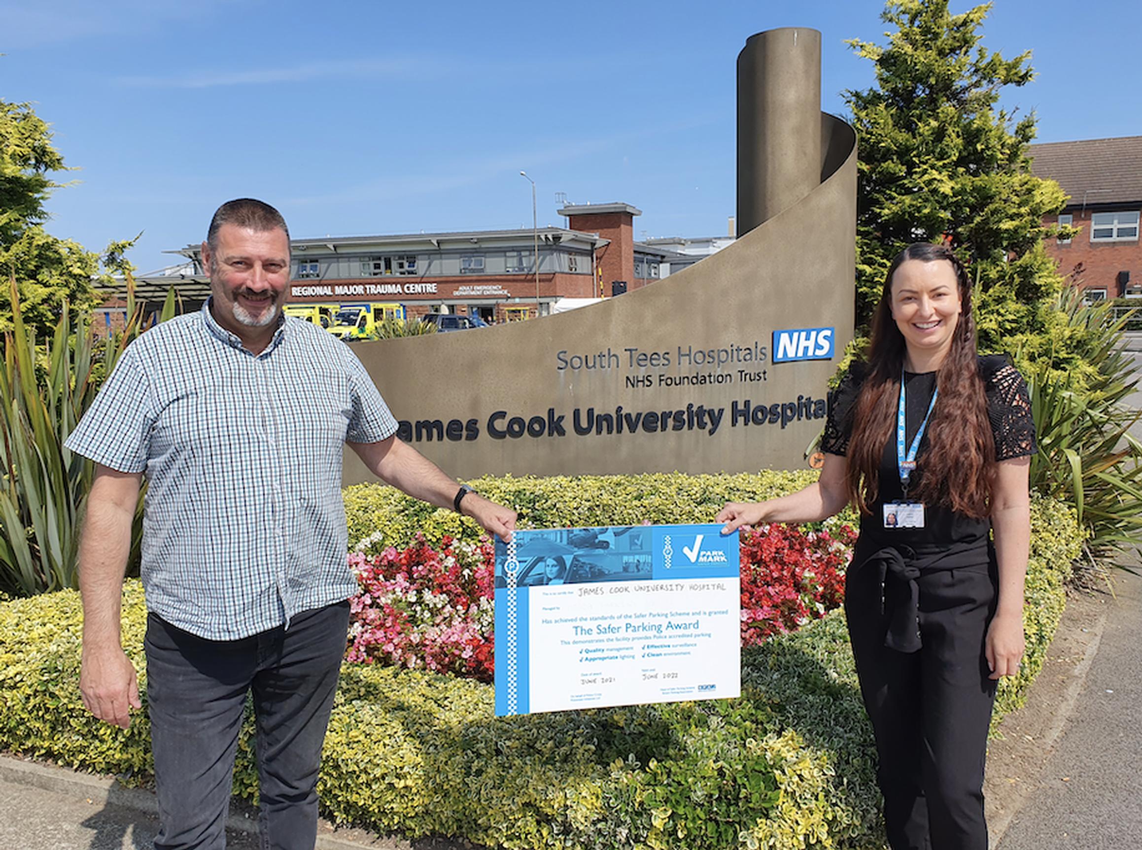 Steve Cranston, architectural liaison officer at Cleveland Police and Laura Hallett, car parking manager at South Tees Hospitals NHS Trust