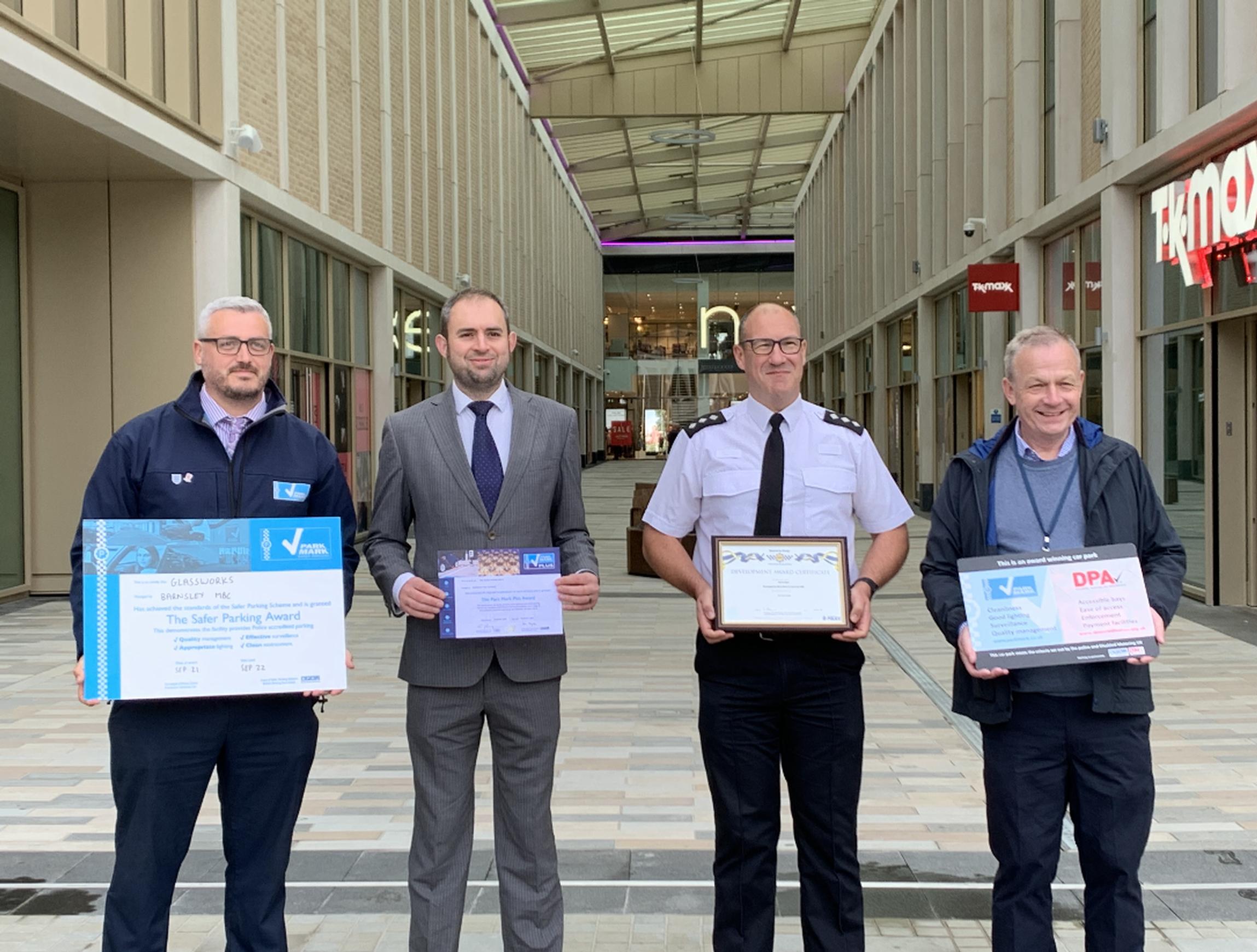 Ryan Davey, BPA area manager, Dale Sparks, commercial services manager, Barnsley MBC, Chief Inspector Paul Ferguson of South Yorkshire Police and Jack Regan, Designing Out Crime Officer