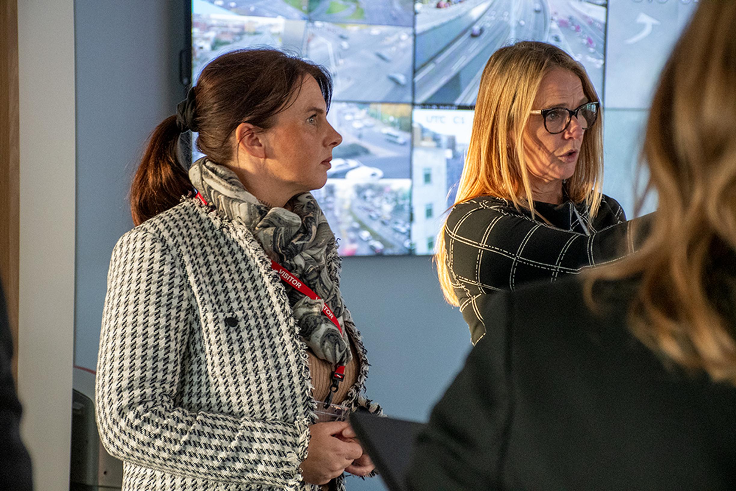 Transport minister Trudy Harrison visiting the Regional Transport Coordination Centre with TfWM interim managing director Anne Shaw