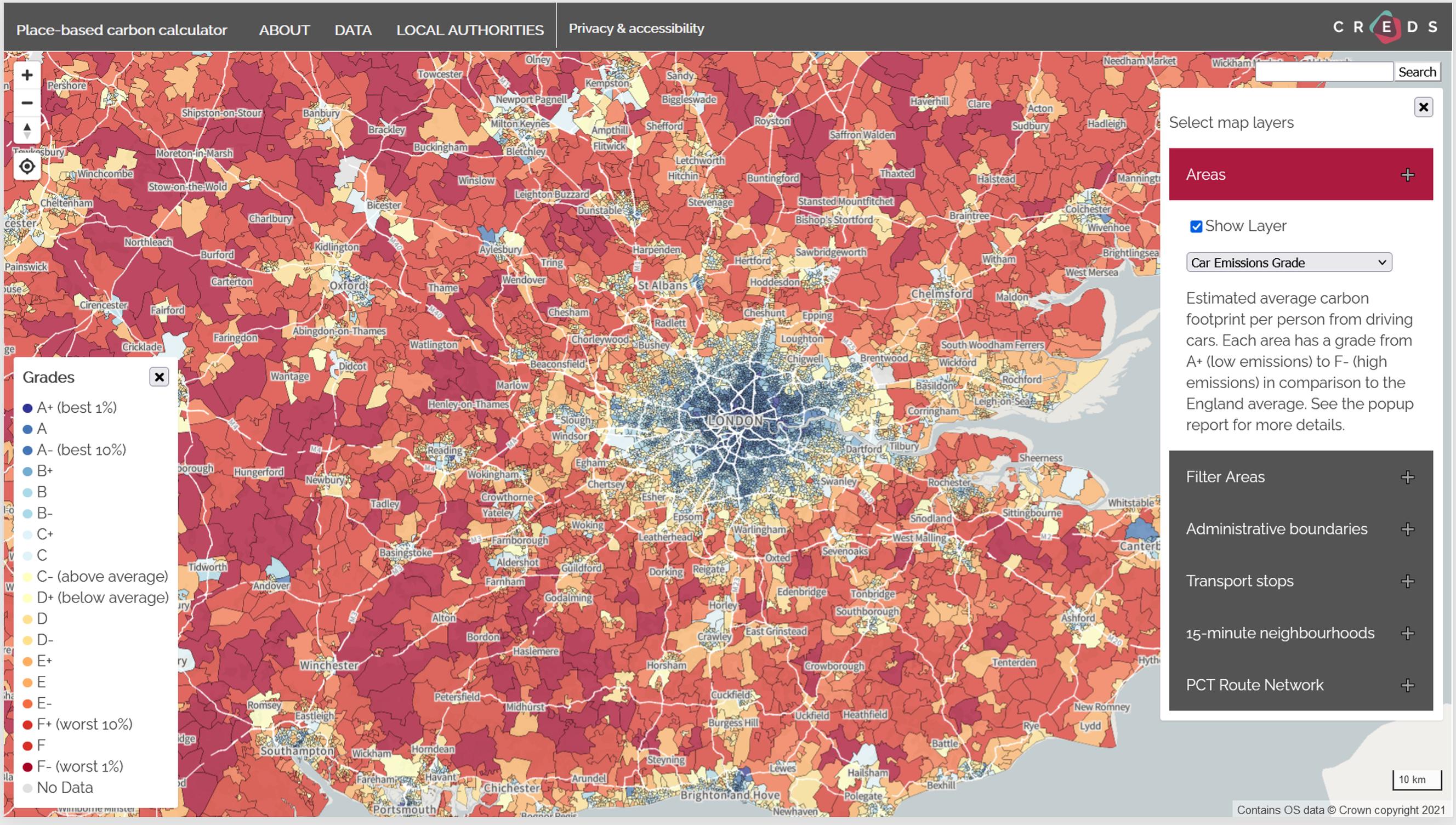 The Place-Based Carbon Calculator shows concentration of transport stops and service frequency
