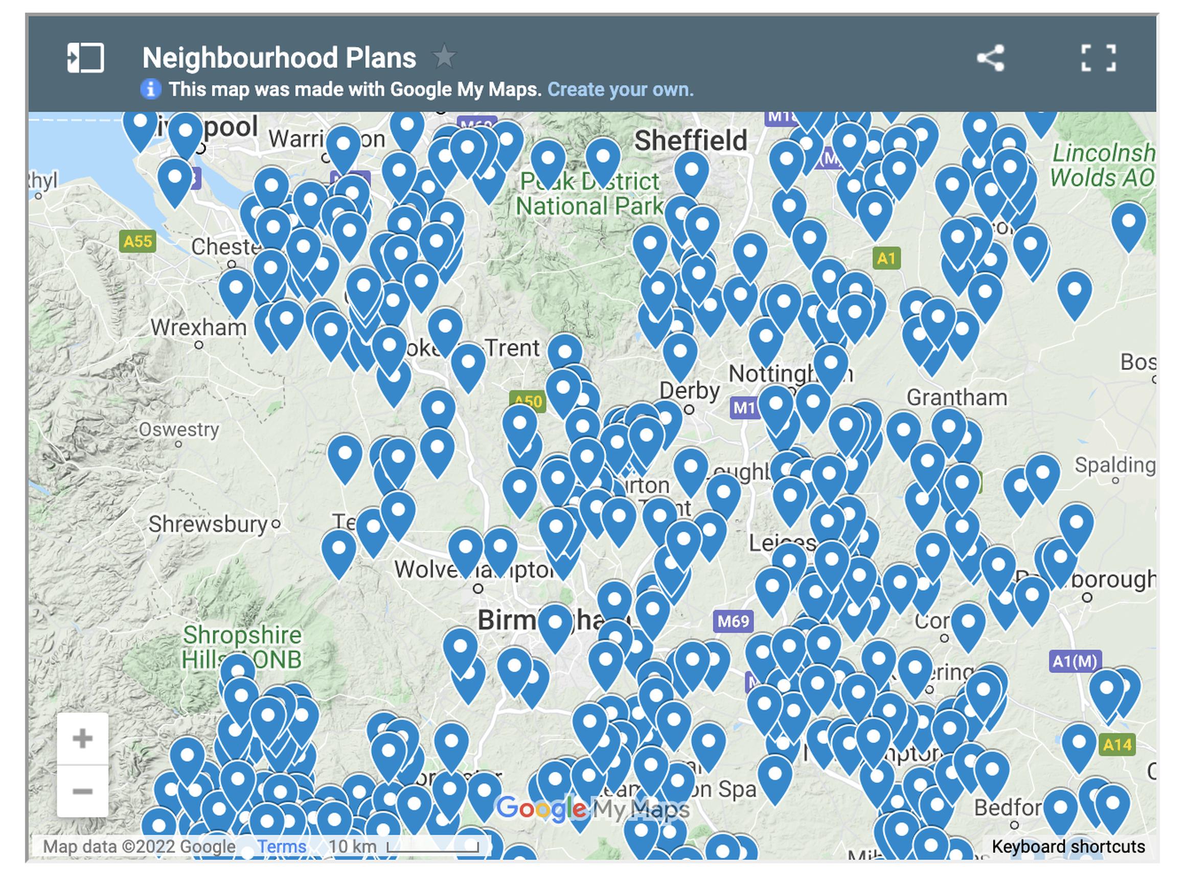 Over 1,200 communities across England have completed a neighbourhood plan, and more than 2,800 have started the neighbourhood planning process. Look them up on Ed Dade`s  interactive map: https://www.neighbourhood-planning.co.uk/services/interactive-neighbourhood-plan-map/