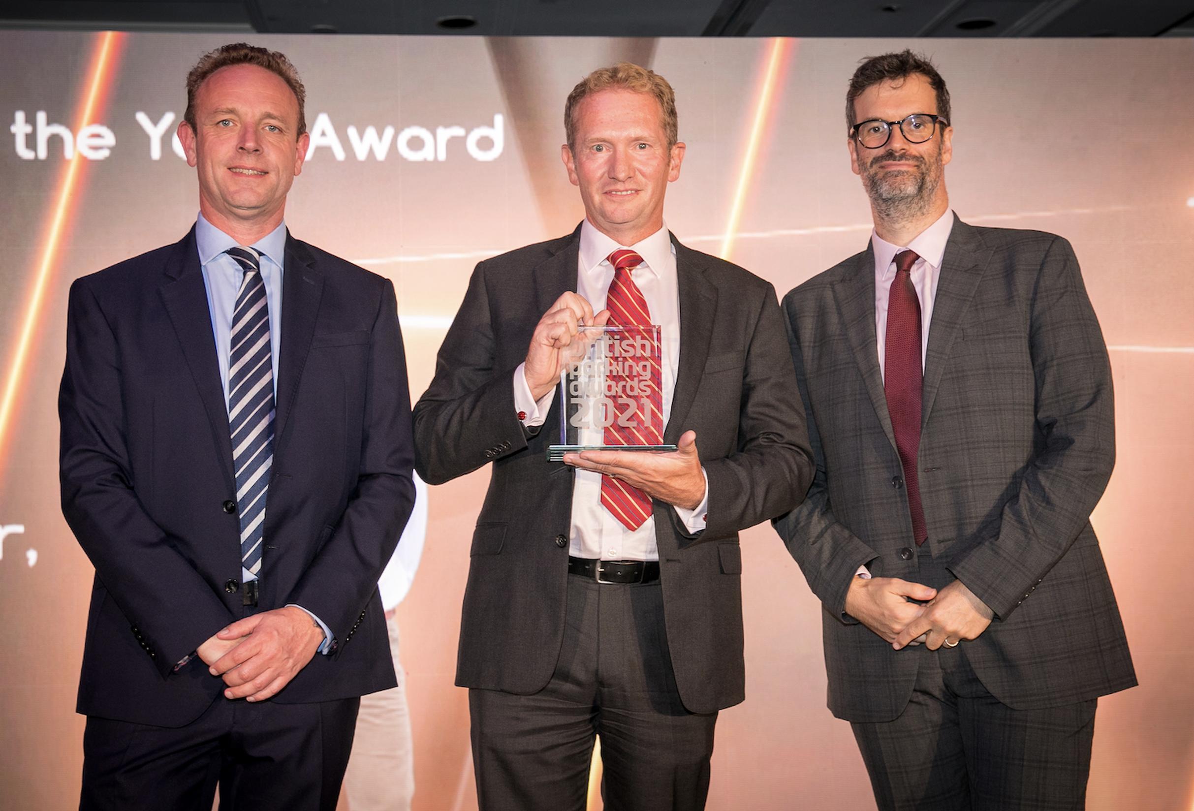 BBFi’s Paul Slowey flanked by Peter O’Driscoll of category sponsor RingGo and host Marcus Brigstocke