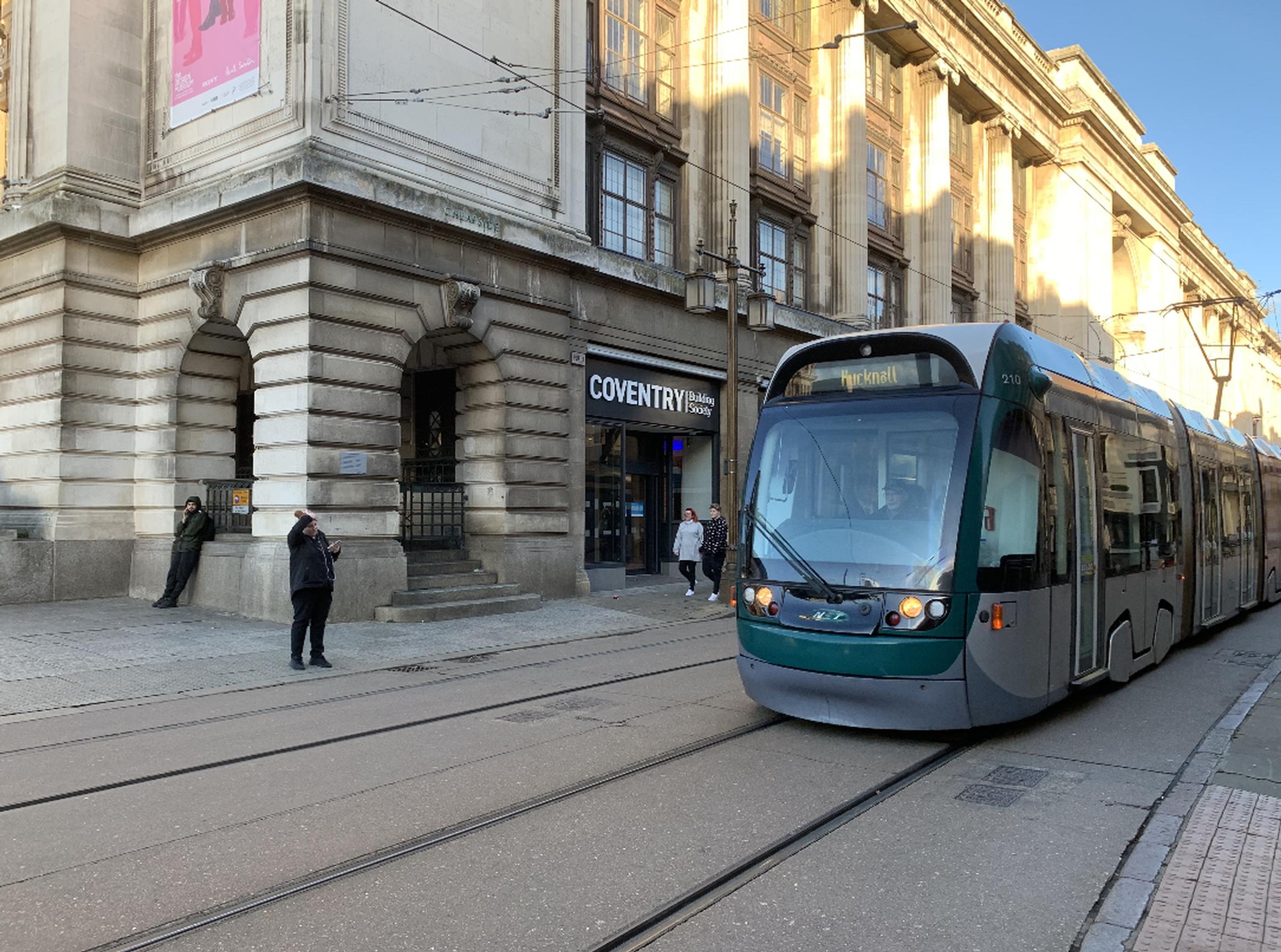 A Nottingham NET tram outside the city’s Council House