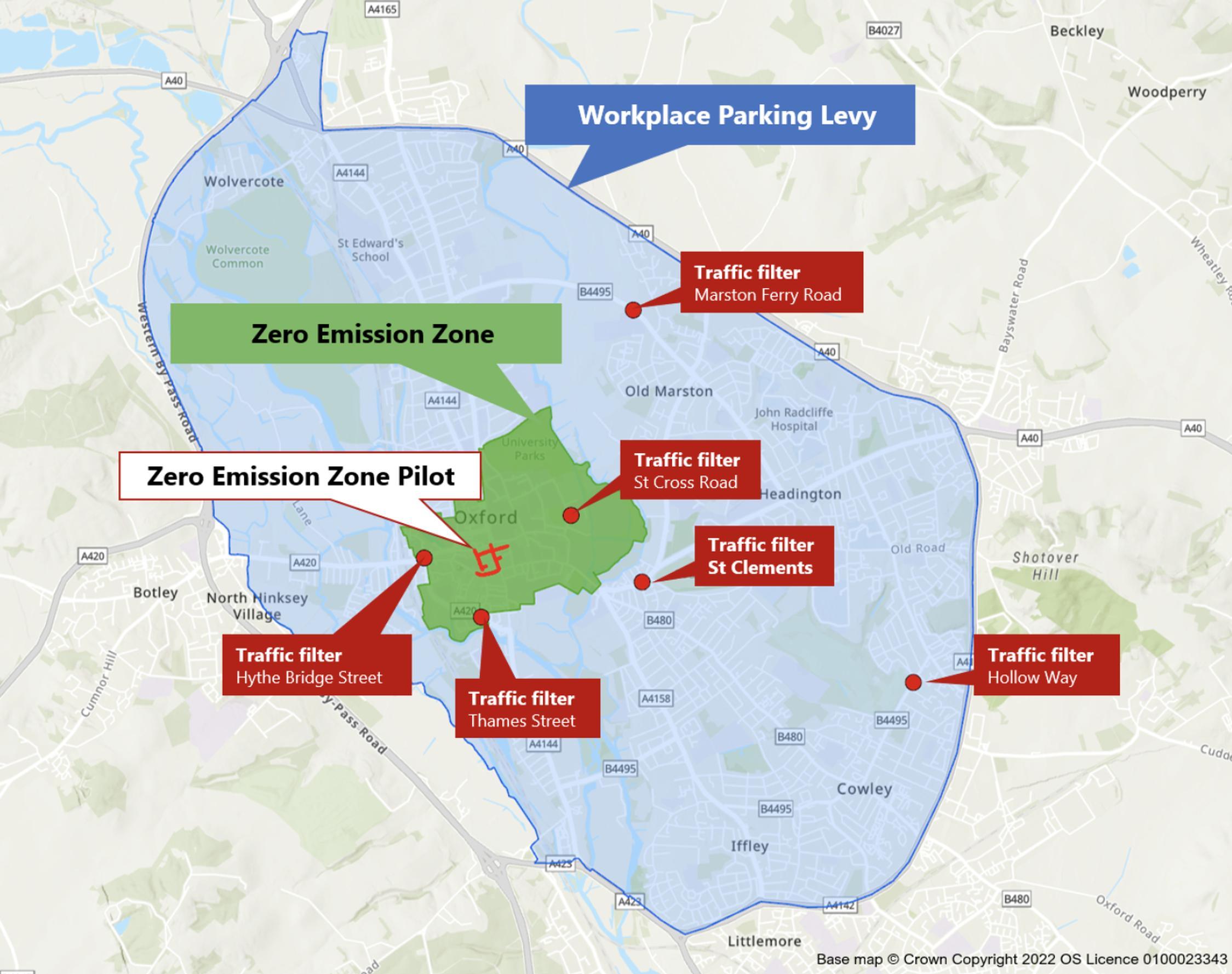 A workplace parking levy, zero emission zones and traffic filters feature in plans for Oxford