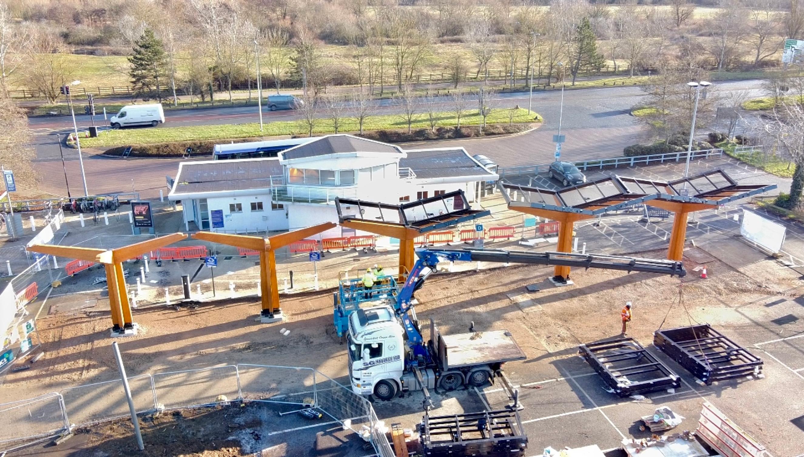 Chargepoint hub canopies being erected at the Redbridge park & ride site