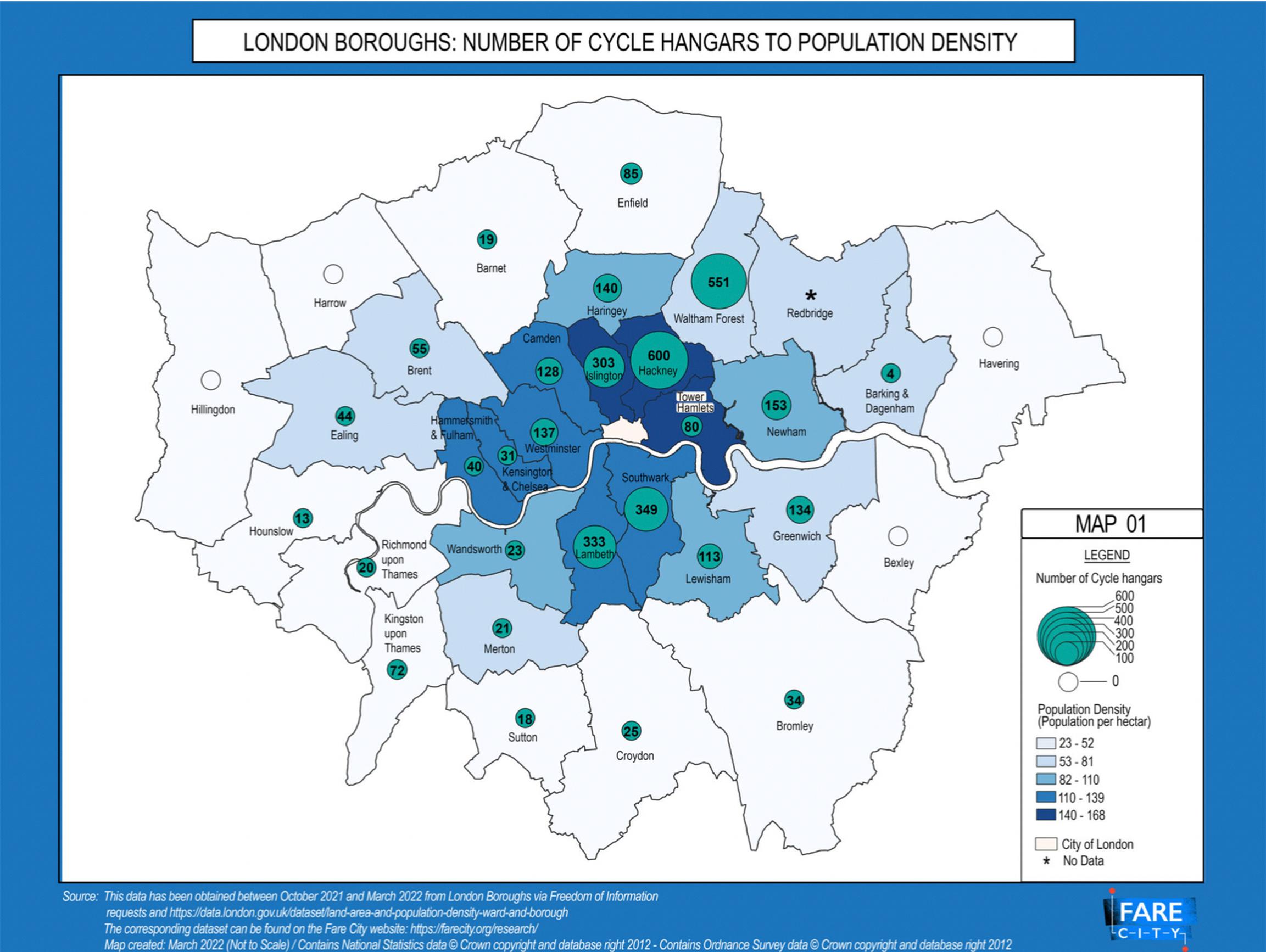 Fare City`s data analysis revealed big contrasts in the implementation of cycle hangars across the capital