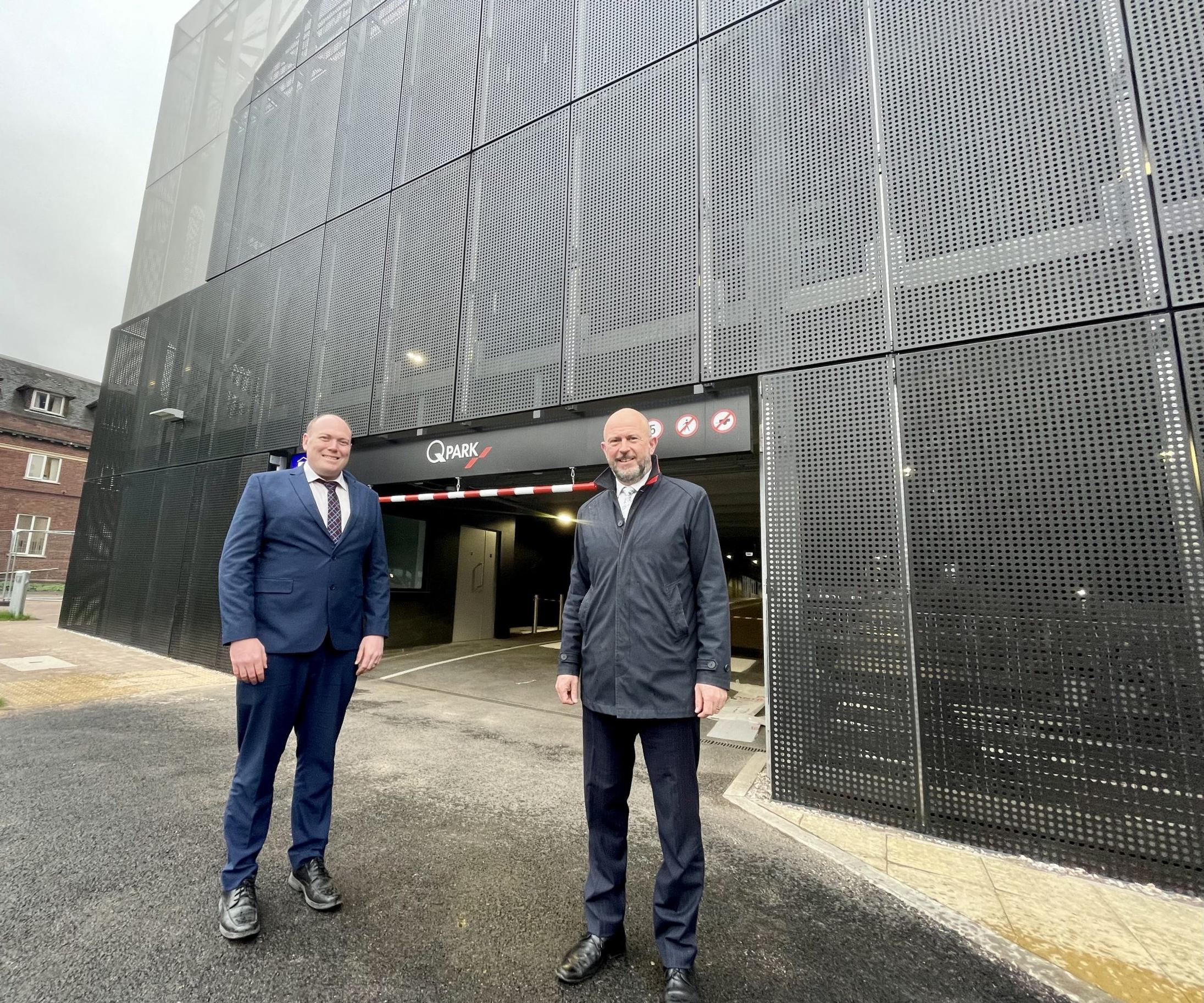 Ross Badham, Q-Park business manager with SWB NHS Trust chief executive Richard Beeken