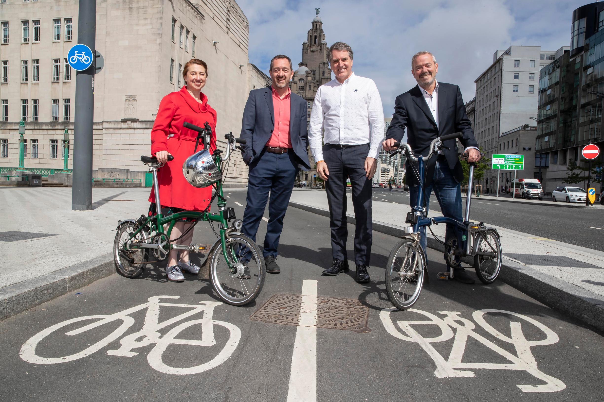 Rosslyn Colderley, Sustrans; Chris Boardman, ATE; Liverpool City Region’s mayor Steve Rotheram and cycling czar Simon O’Brien