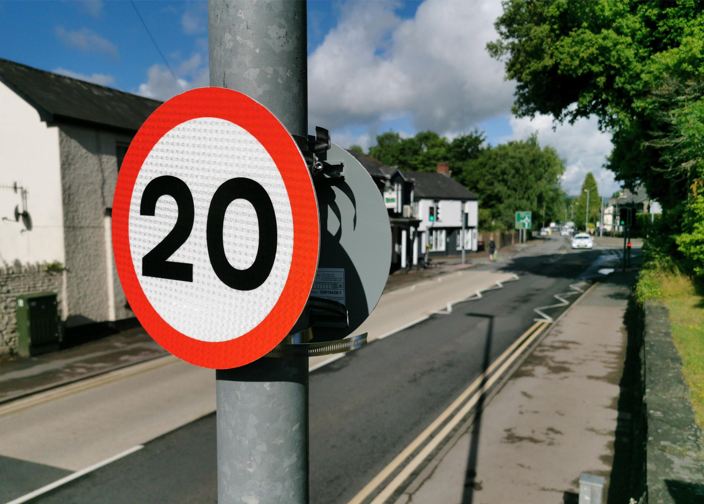 A newly installed 20mph reminder on the A40 trunk road through Abergavenny