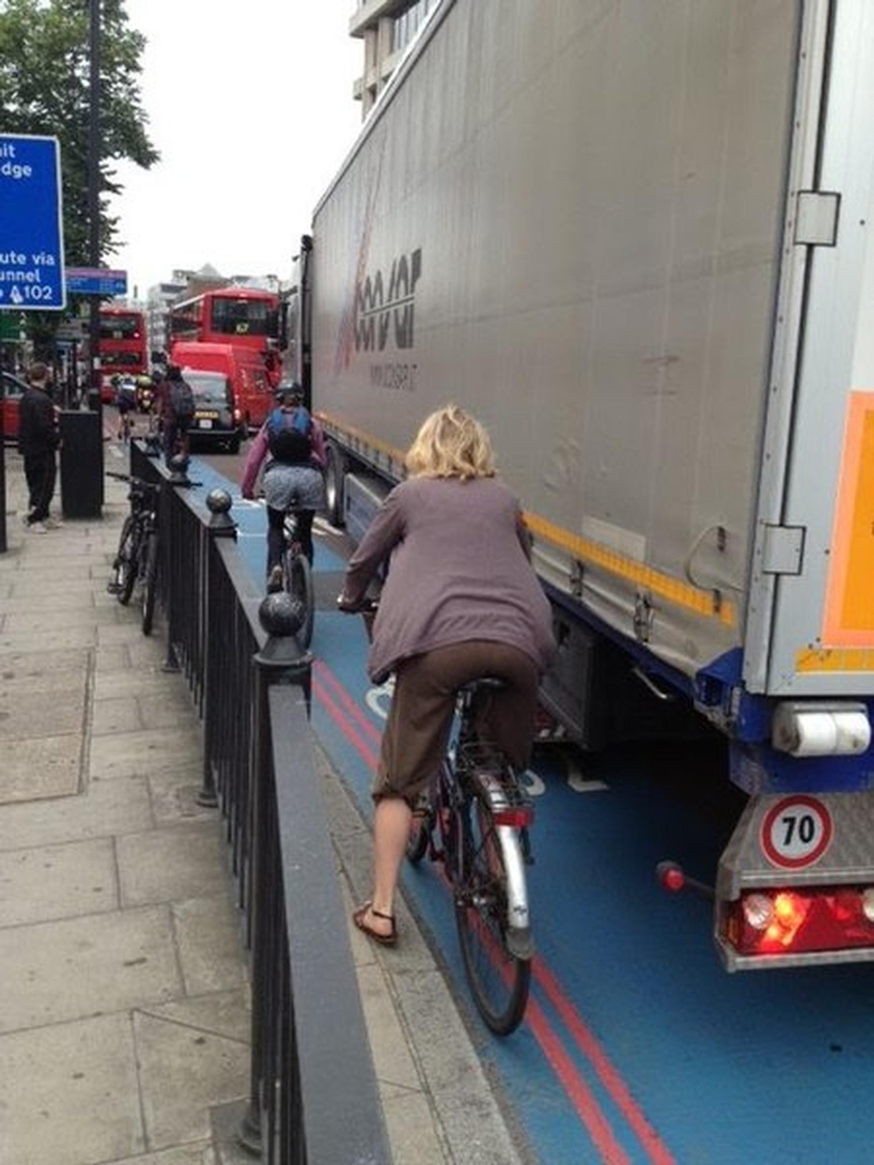 Safe, segregated cycle infrastructure is the best protection for cyclists and other road users. Painted lanes don`t get the job done. Source: Danny
