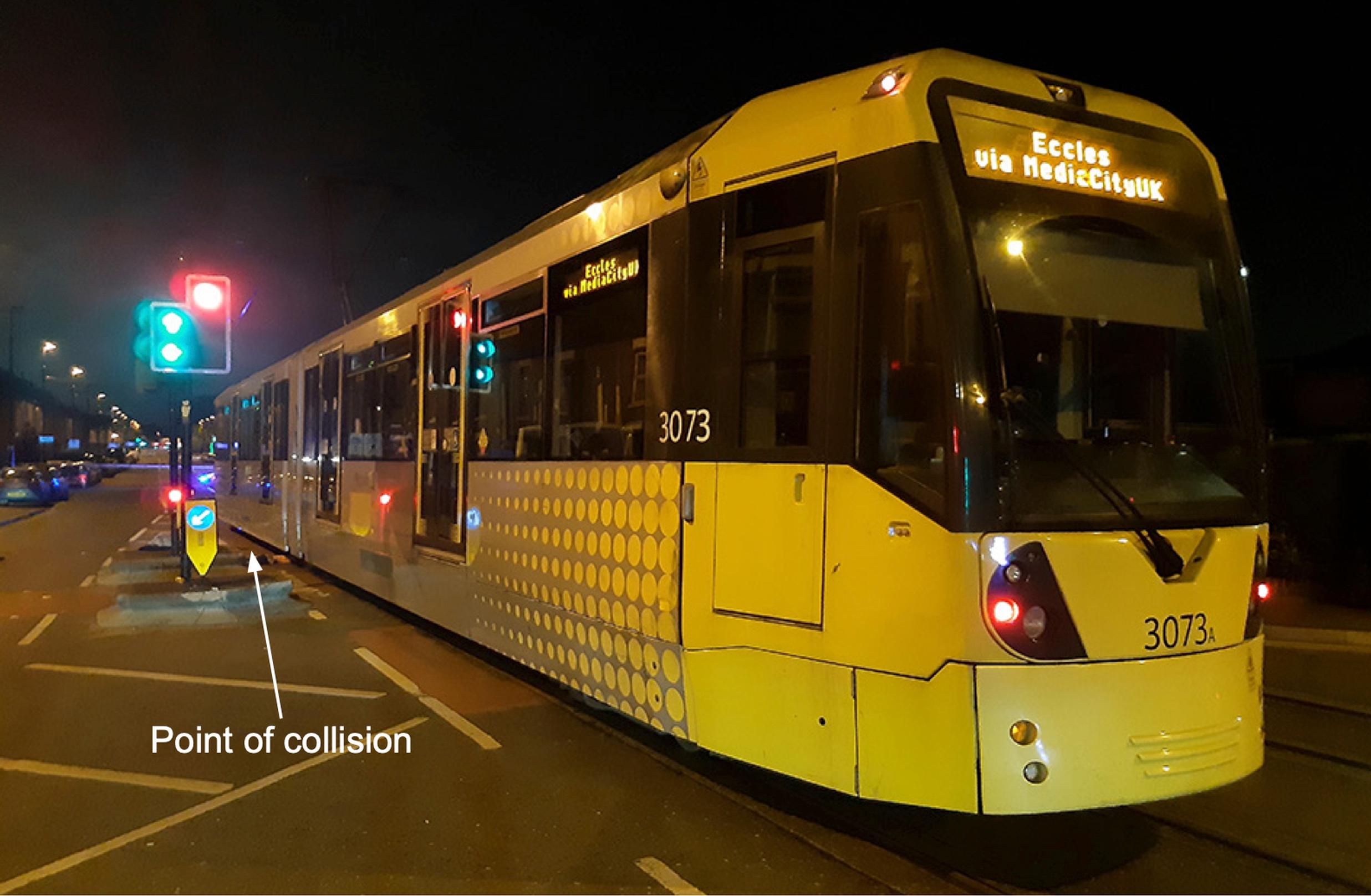 The tram stopped after the collision with the child cyclist in Manchester on 1 September 2021. The point of the collision is indicated