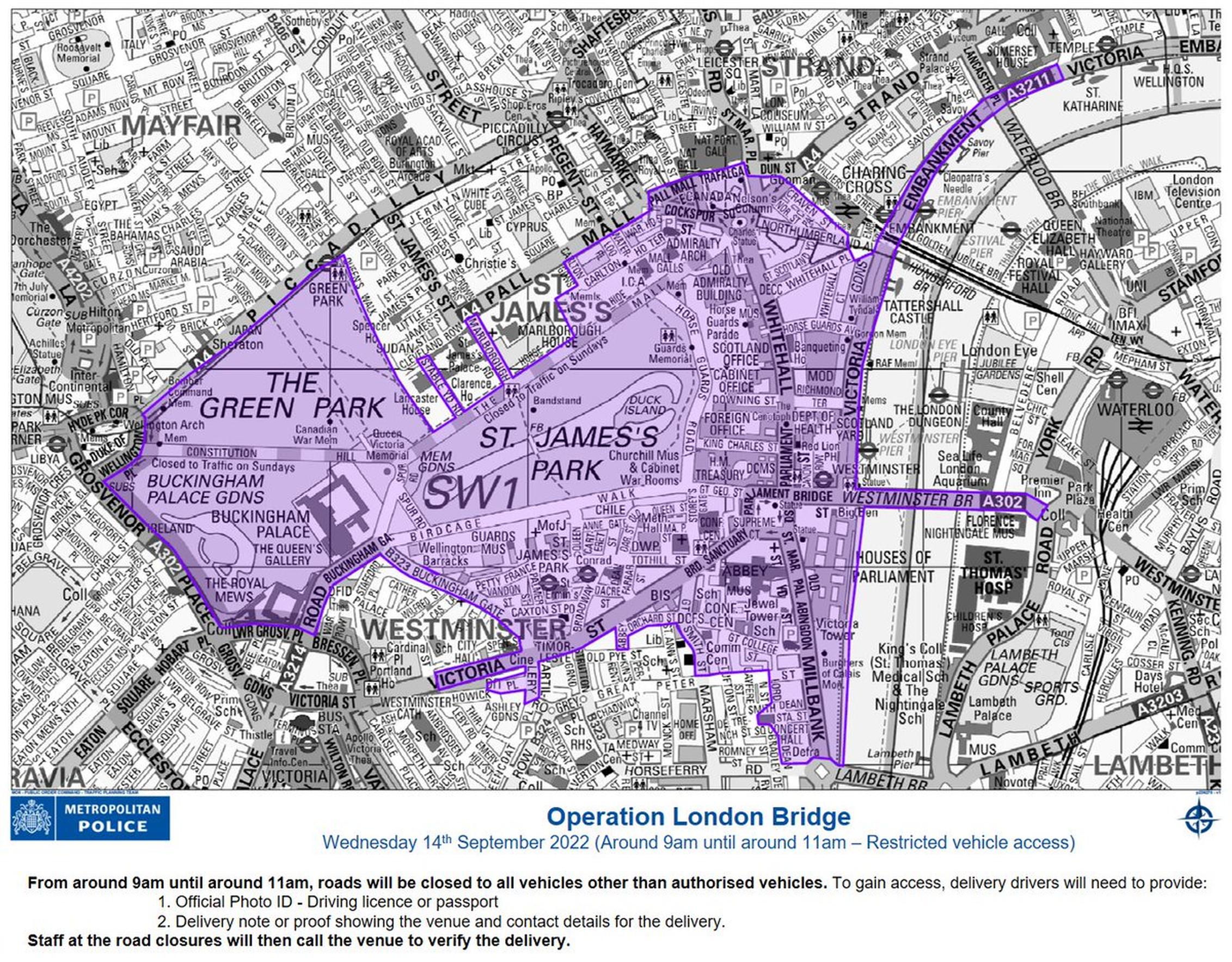 A map of roads closed under Operation London Bridge