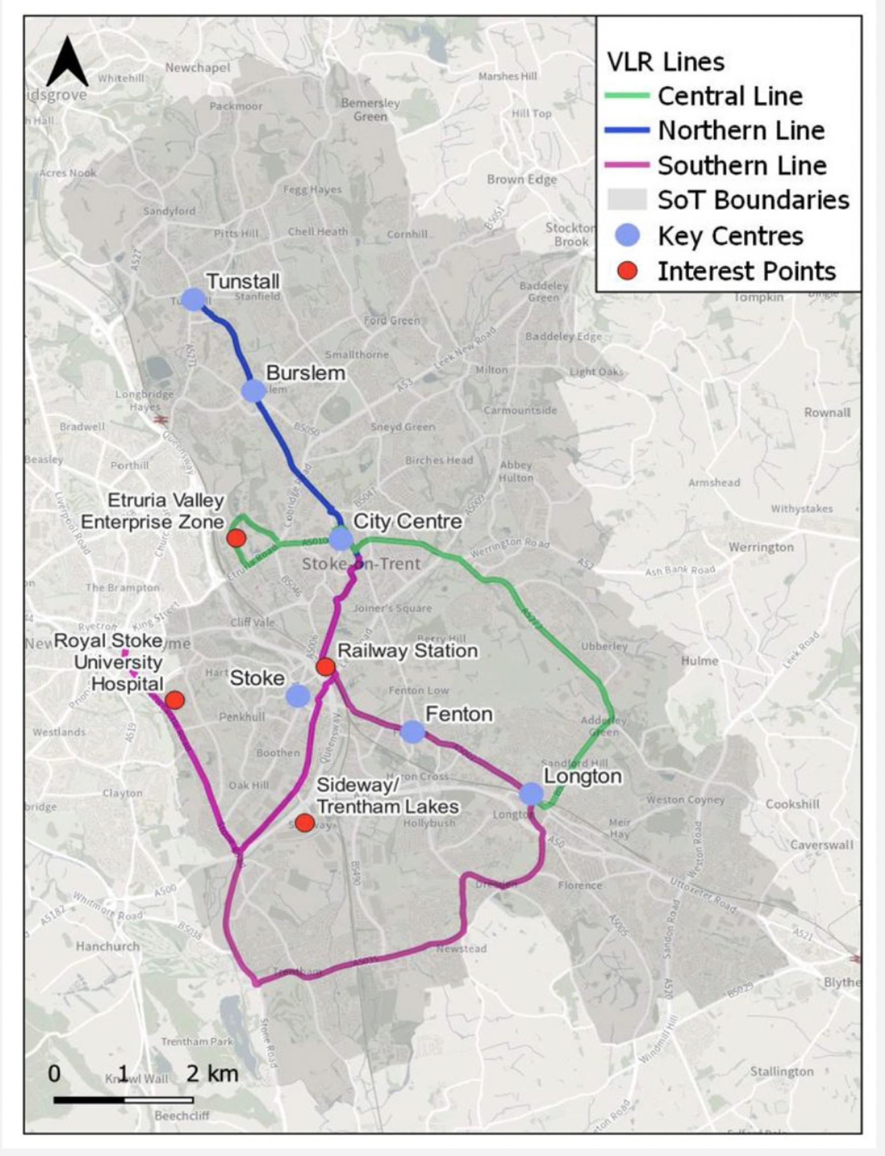 Map showing three proposed routes for the Stoke-on-Trent VLR network