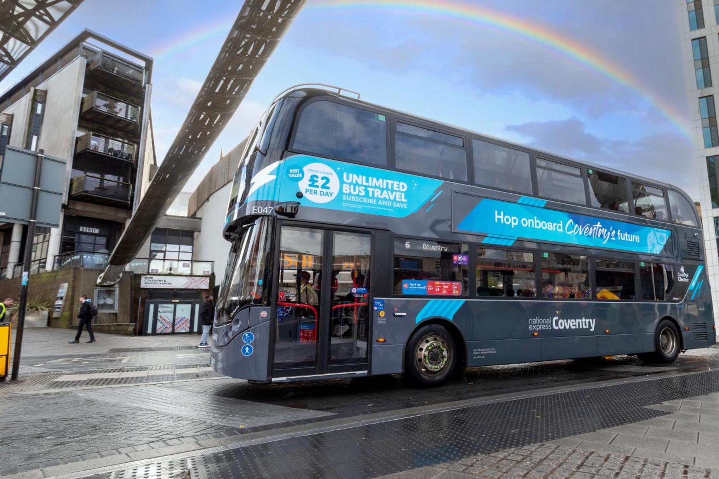 The new British buses, built in Falkirk by Alexander Dennis, are part of a total order by National Express Coventry of 130 ADL E400EVs on a BYD chassis