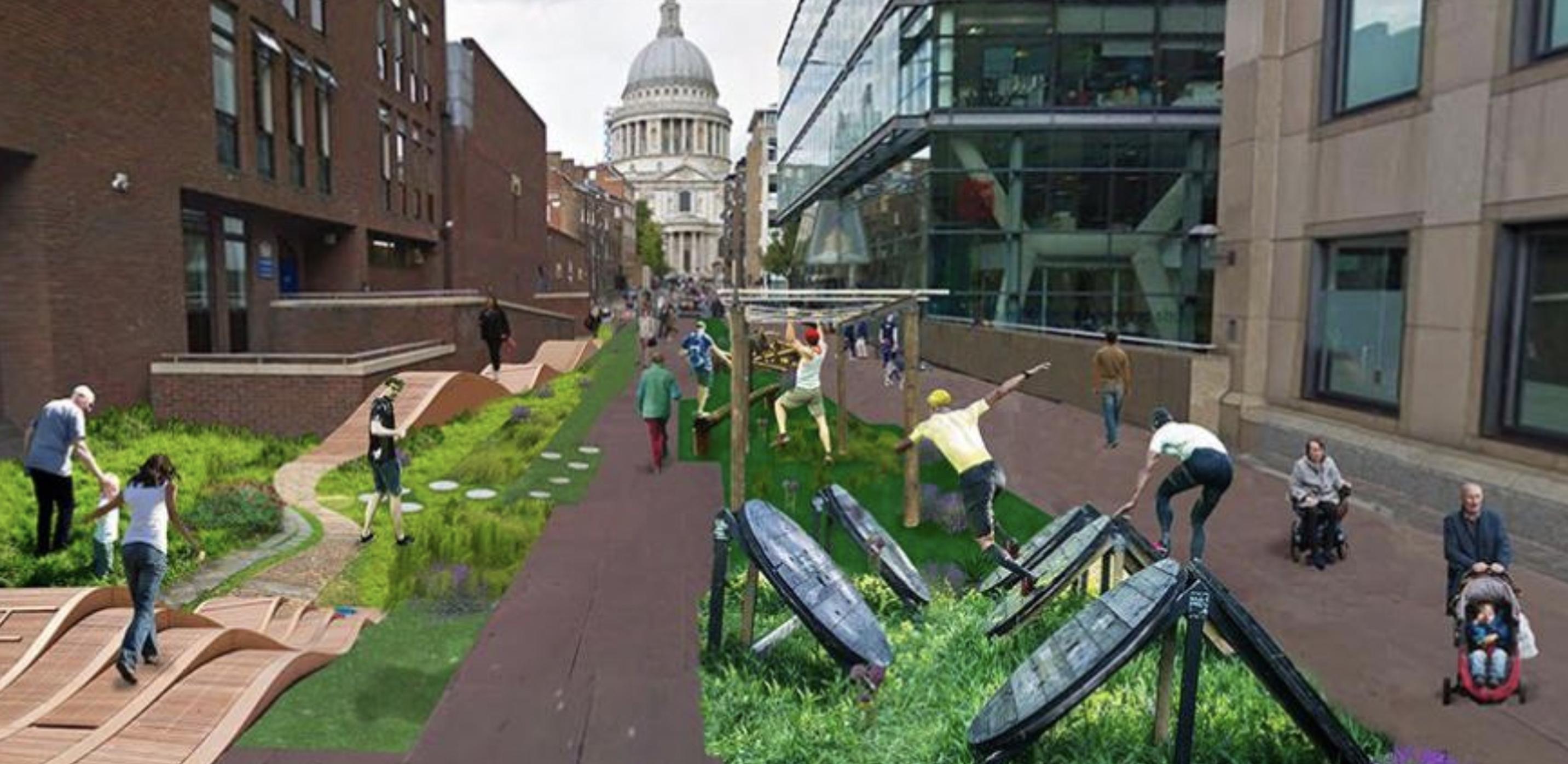 Collage imagining a challenging `Active Urbanism` route applied to Sermon Lane in London. Credit: Anna Boldina