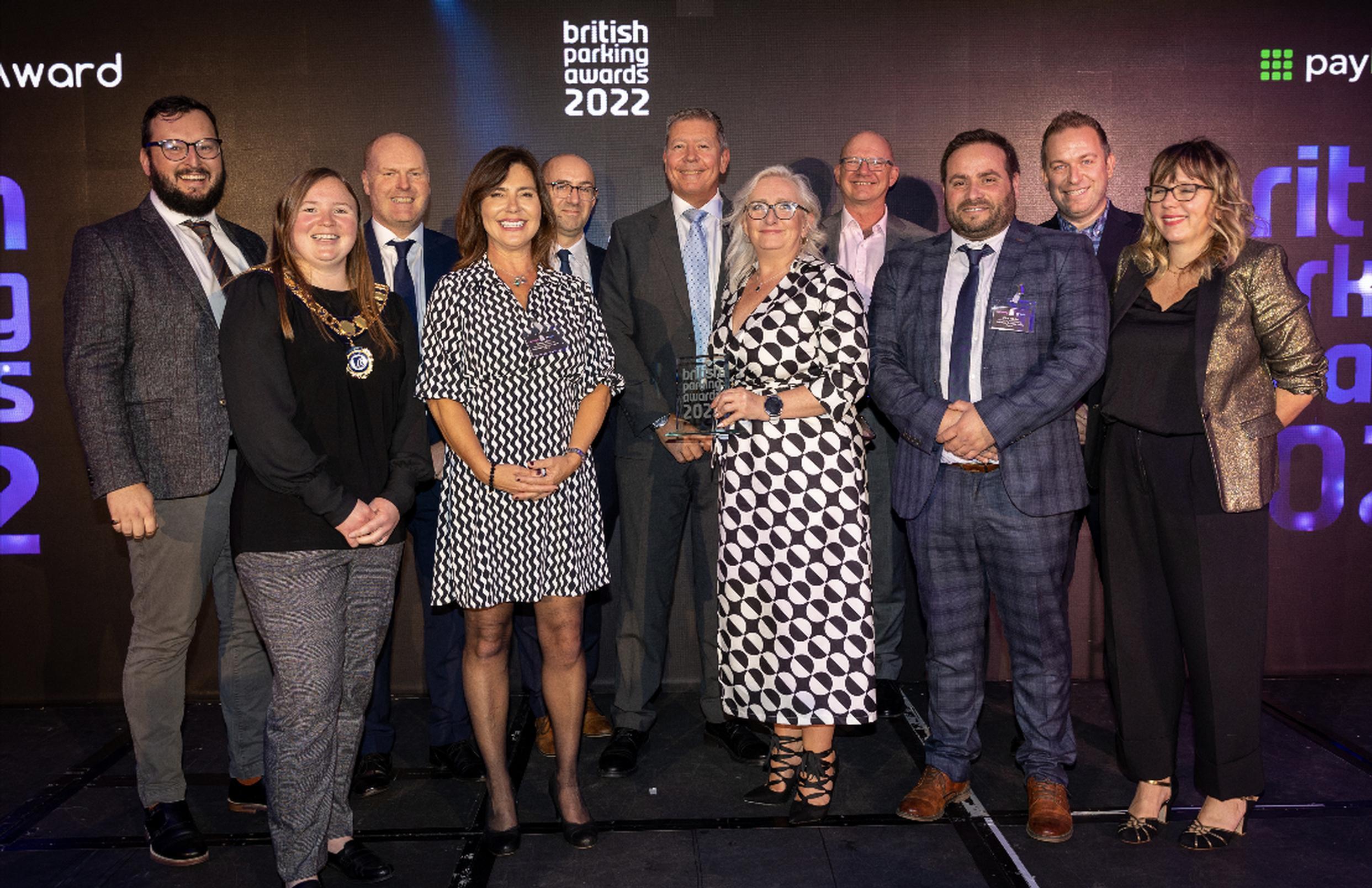 Dean Fennell-Connell, Jade Neville, Trevor Taylor, Emma Liptrot, James Whiting, Martin Hill, Emma Moses, Keith Stenning and Filipe Valinho received the trophy from PayByPhone’s Adam Dolphin and Kerry Godliman