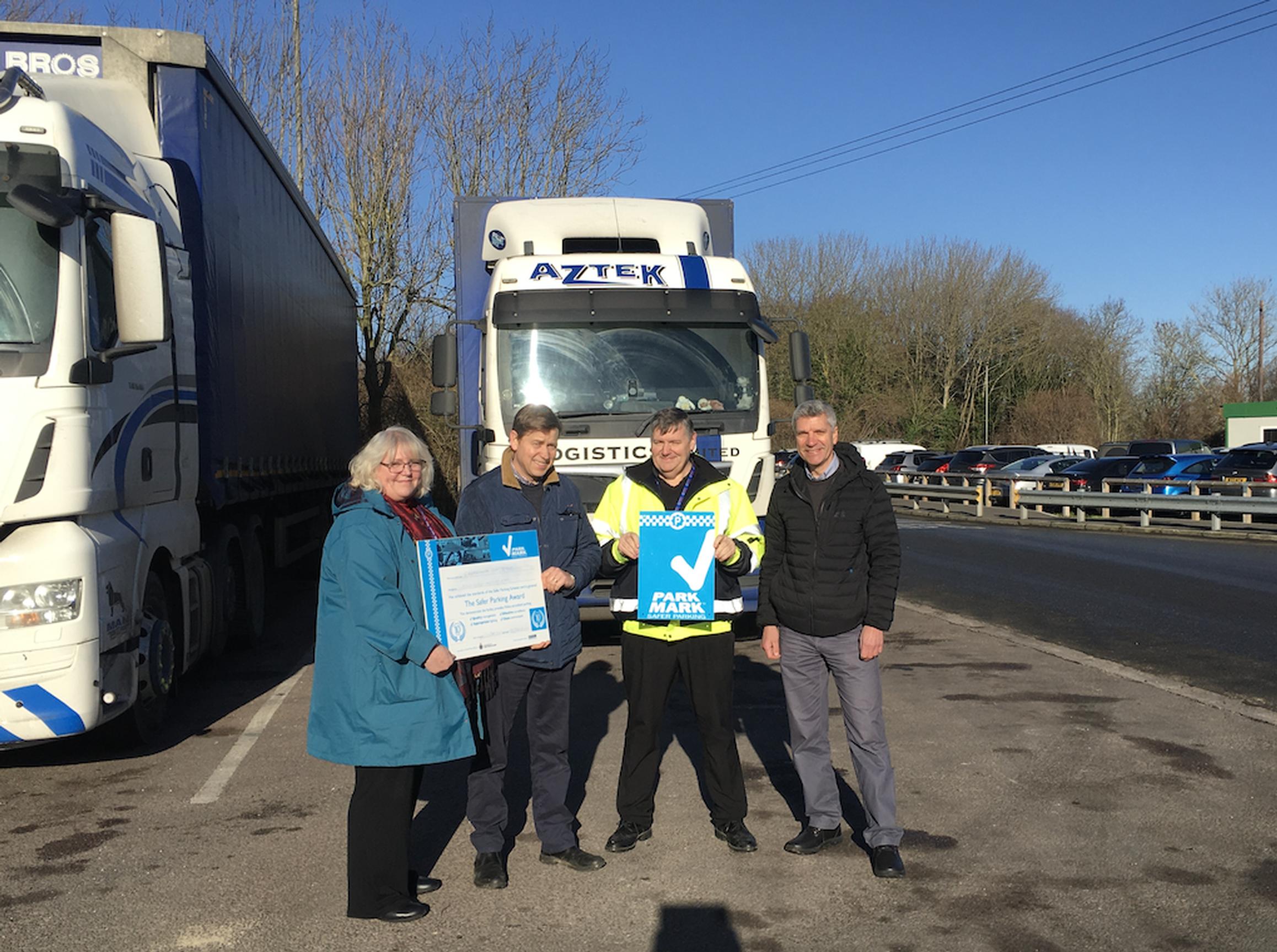 Amanda Clarke (Wiltshire Police Designing Out Crime officer and assessor), David Hatherell (managing director, Chippenham Truck Stop), Lee Fenn (site manager, Chippenham Truck Stop) and Chas Cannon (BPA area manager)