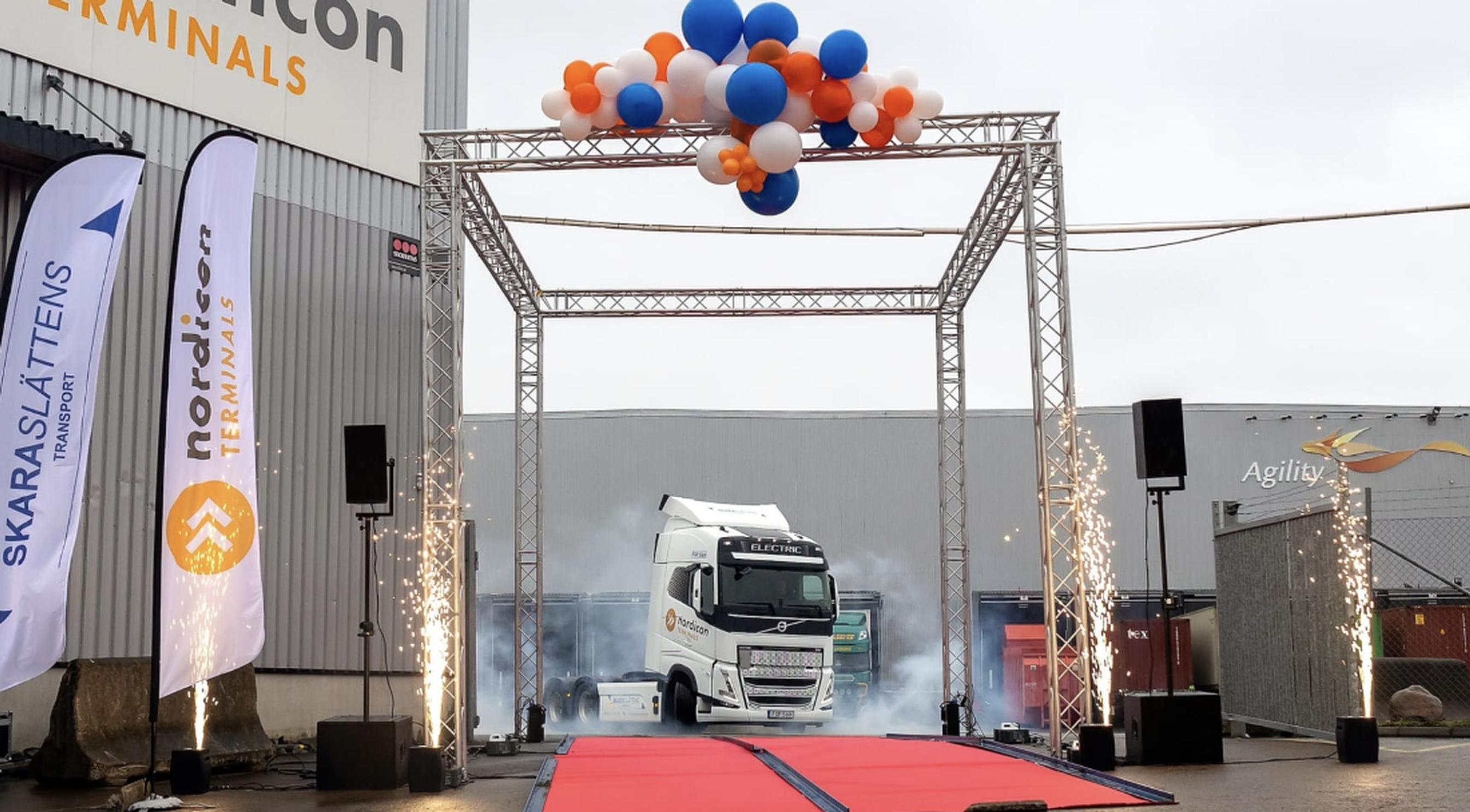 One of the new electric trucks arriving at consolidation company Nordicon`s terminal in Gothenburg