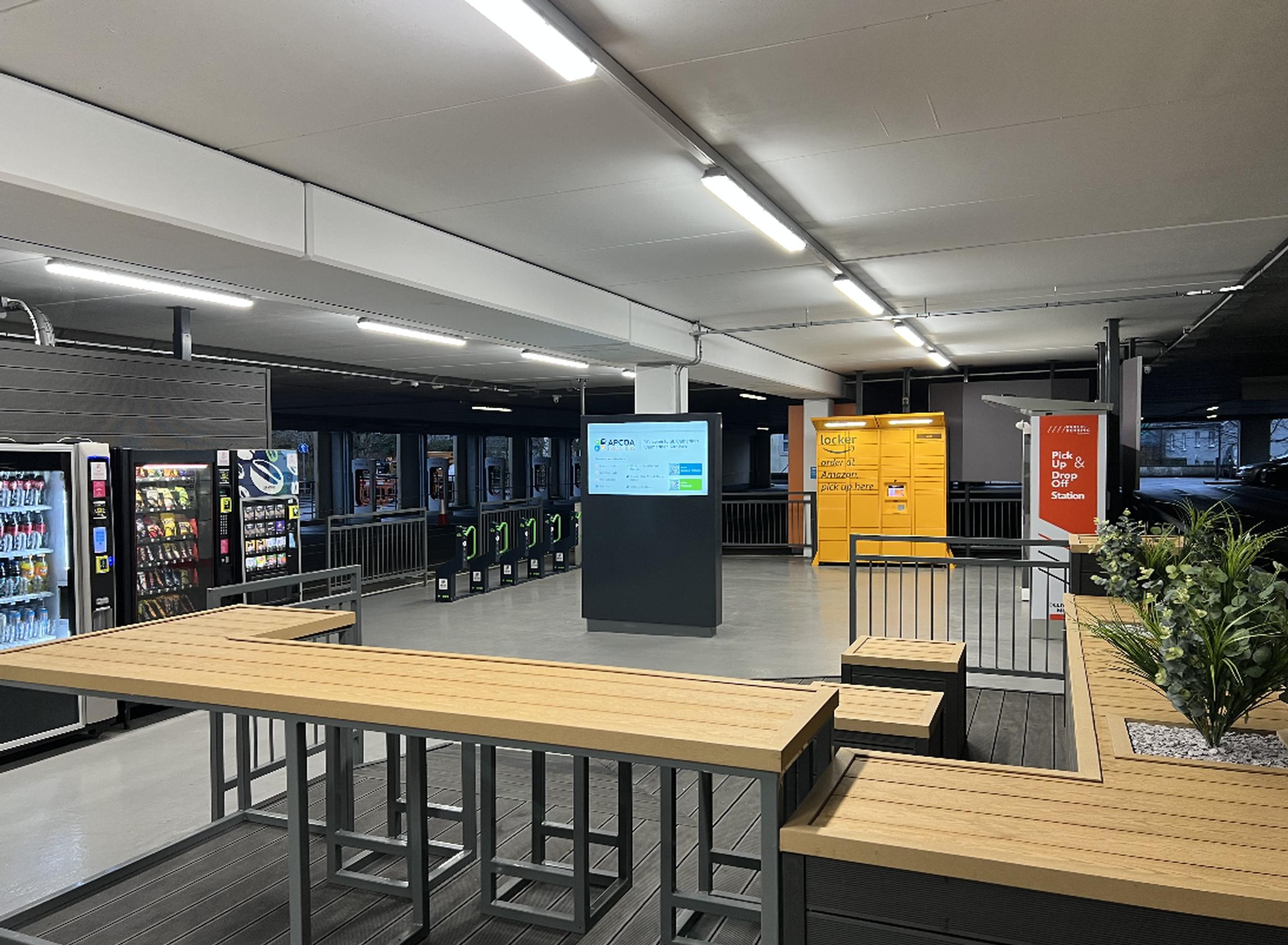 The Urban Mobility Hub features seating areas with vending machines