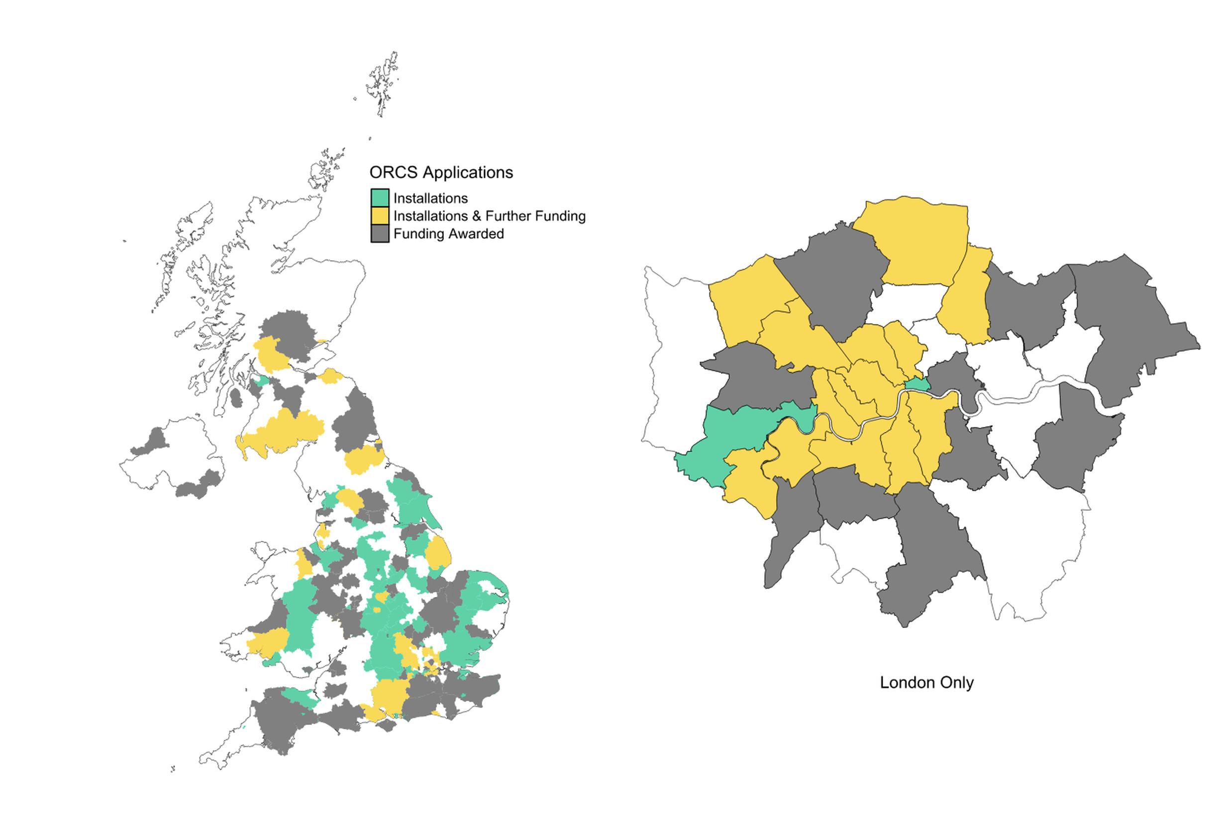 Distribution of local authorities which have been awarded ORCS funding for the UK and London