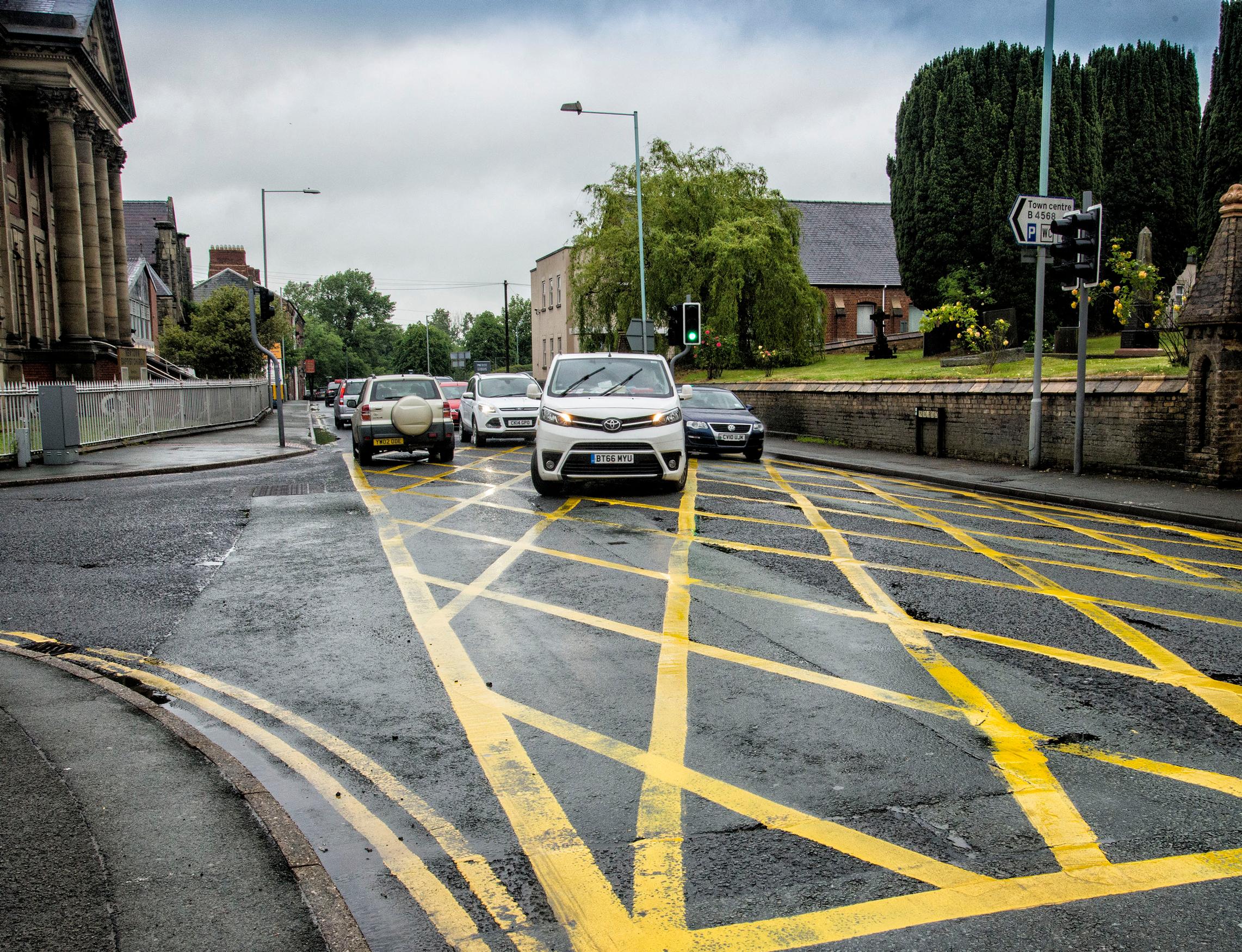 The A489 Newtown bypass scheme, completed in 2019, included active travel improvements for the former A489 trunk road through the town but ultimately they fell by the wayside, leaving cyclists and pedestrians to negotiate junctions like this