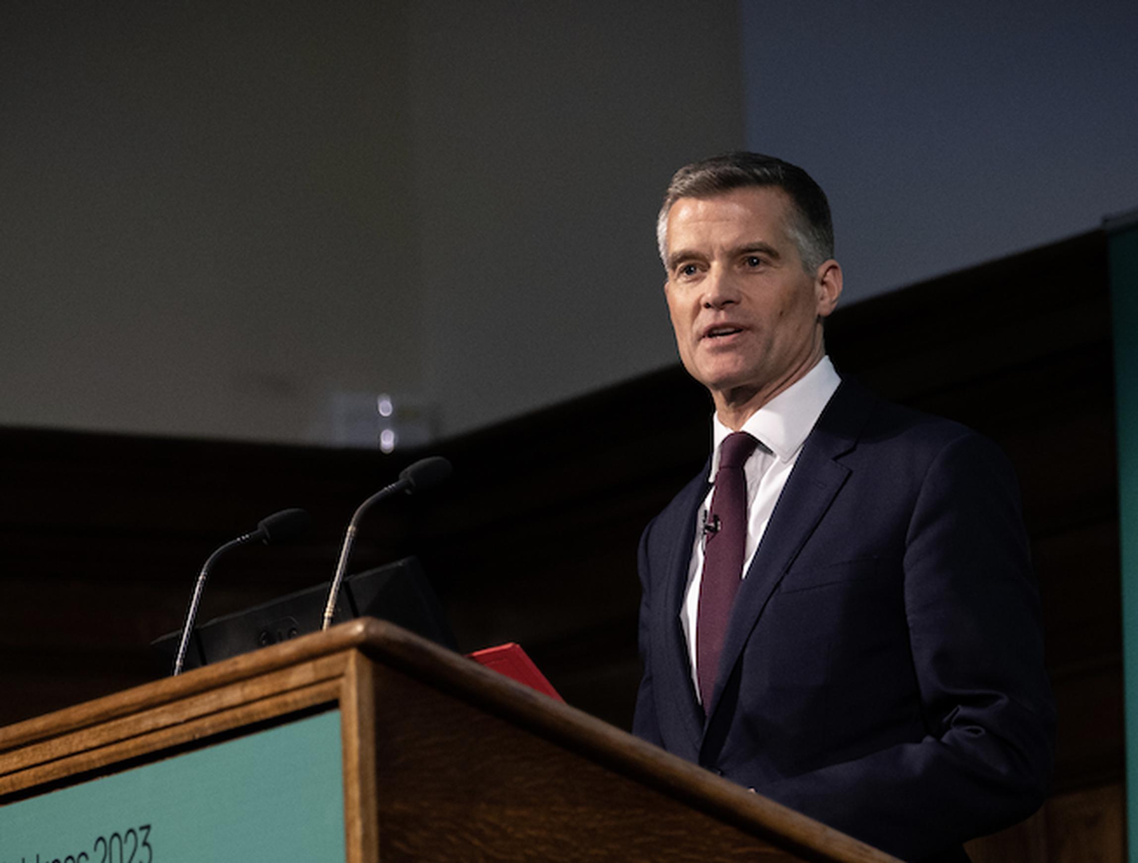 Transport secretary Mark Harper delivering the George Bradshaw Address