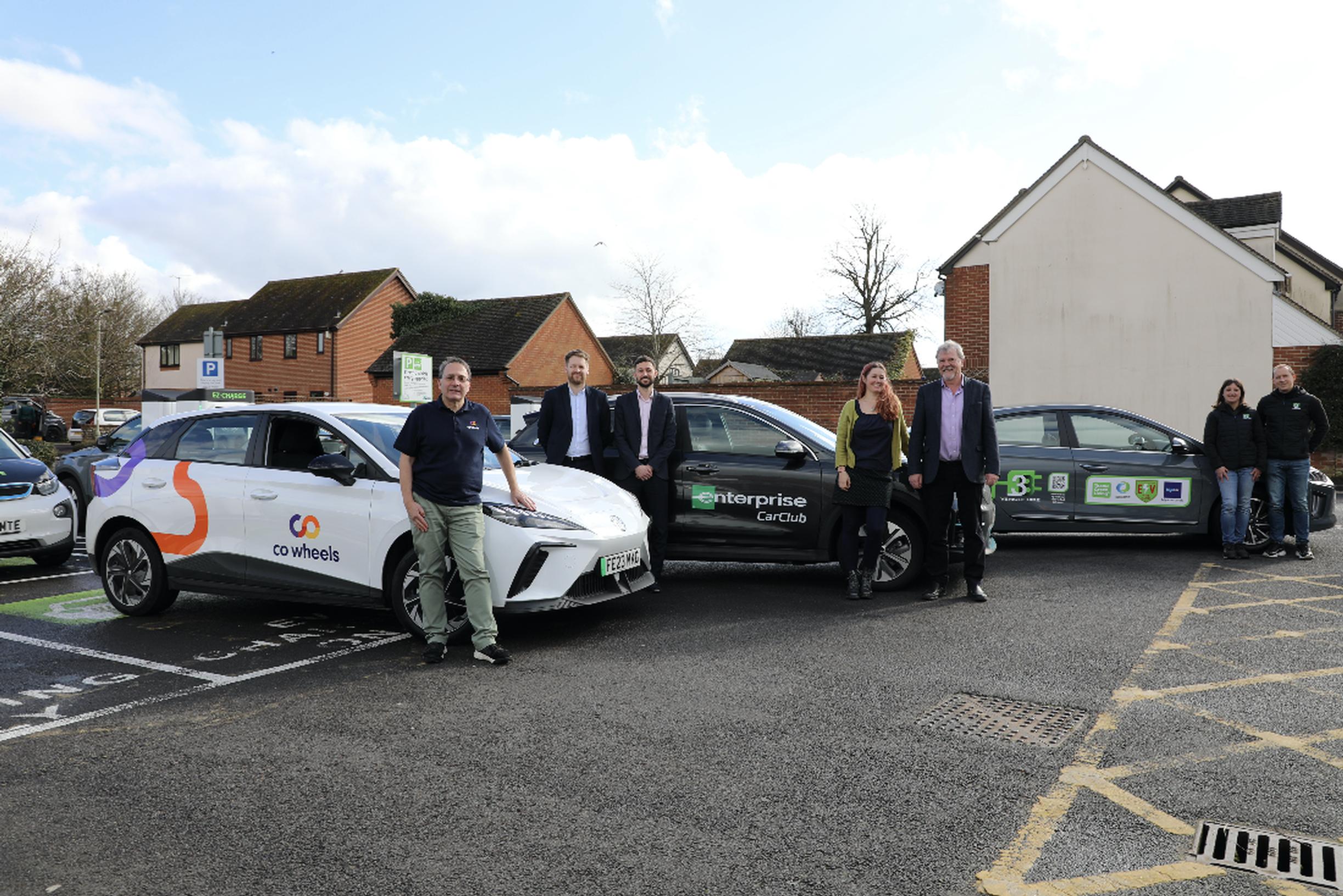 Robert Schopen from Co Wheels, Phillip Wright and Kieran Allen from Enterprise CarClub, Jenny Figueiredo, Oxfordshire County Council’s EV charging project Manager, Phil Shadbolt from EZ-Charge, Rebecca and Ross Batting from Thame EV Hire Club