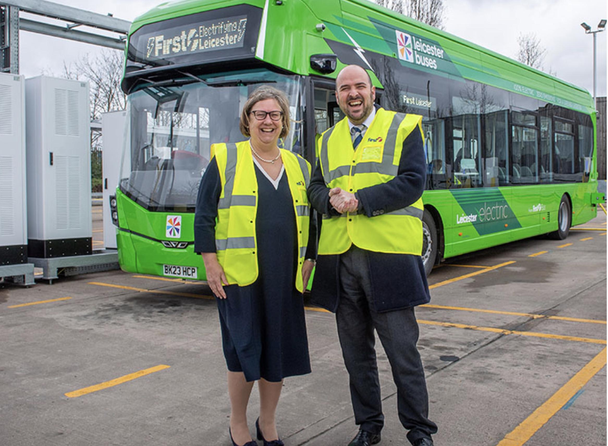 First Bus Managing Director Janette Bell with Daniel Pearman, Leicester City Council’s Transport Director, and the new Electroliner