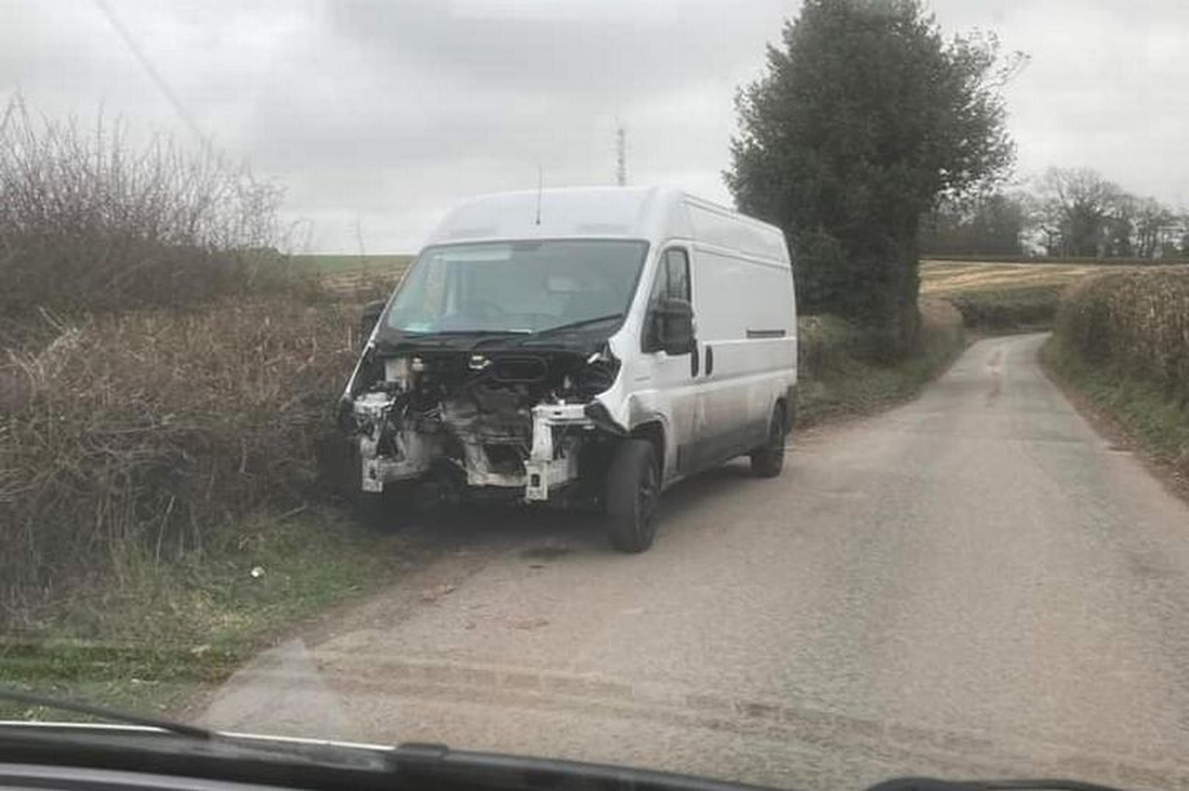Pictures shared by Atherstone and Coleshill Police show the front of the white van destroyed and discarded on the village lane.