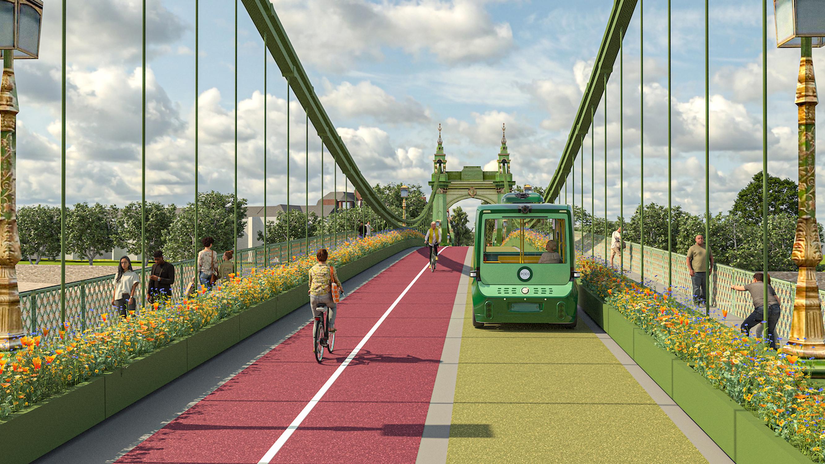Possible’s proposal for Hammersmith Bridge would feature two-way protected cycle lane and walkways adjacent to a route for autonomous pods