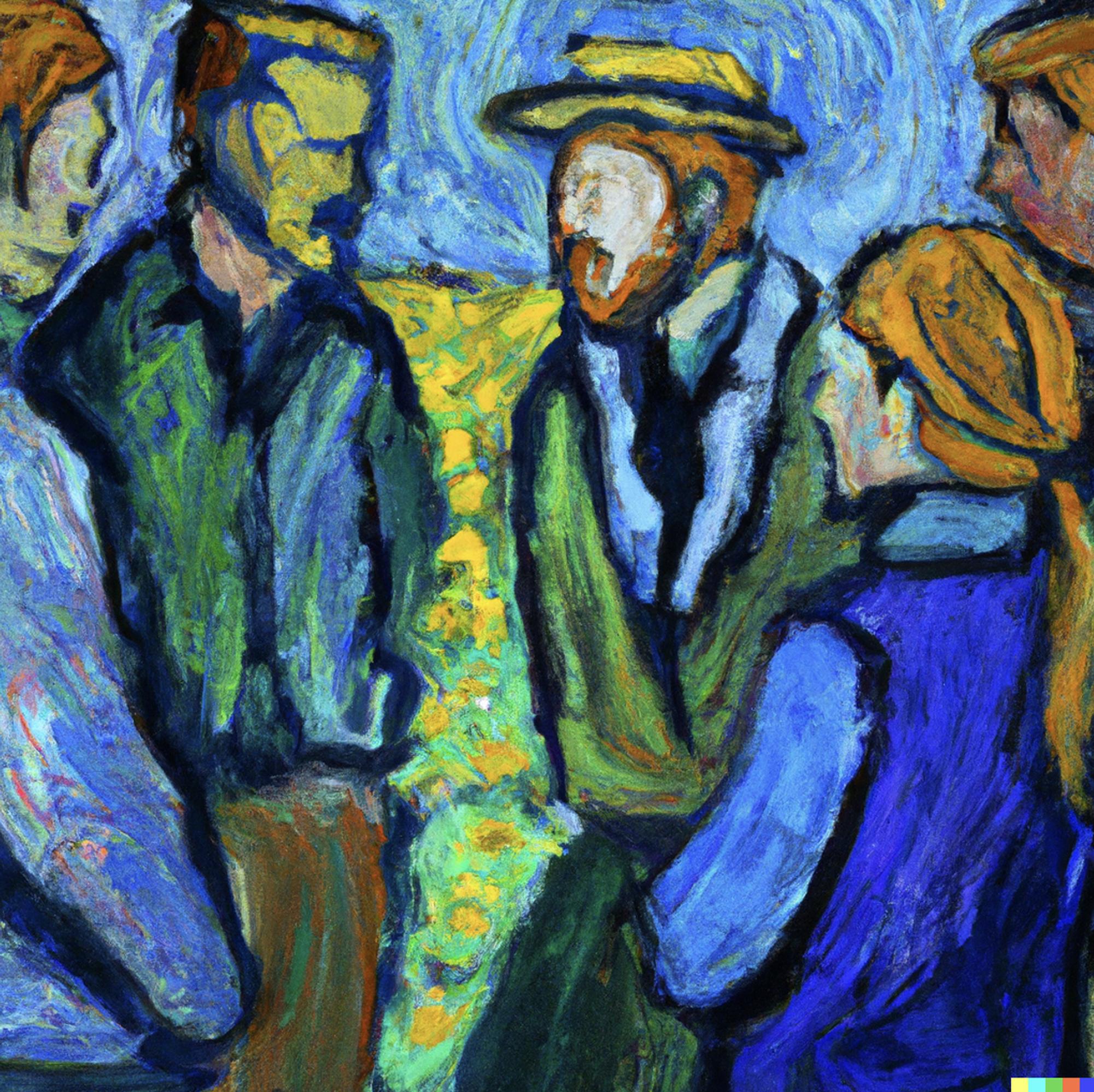 A DALL-E generated AI image of “a painting in the style of van Gogh of five people having a conversation”