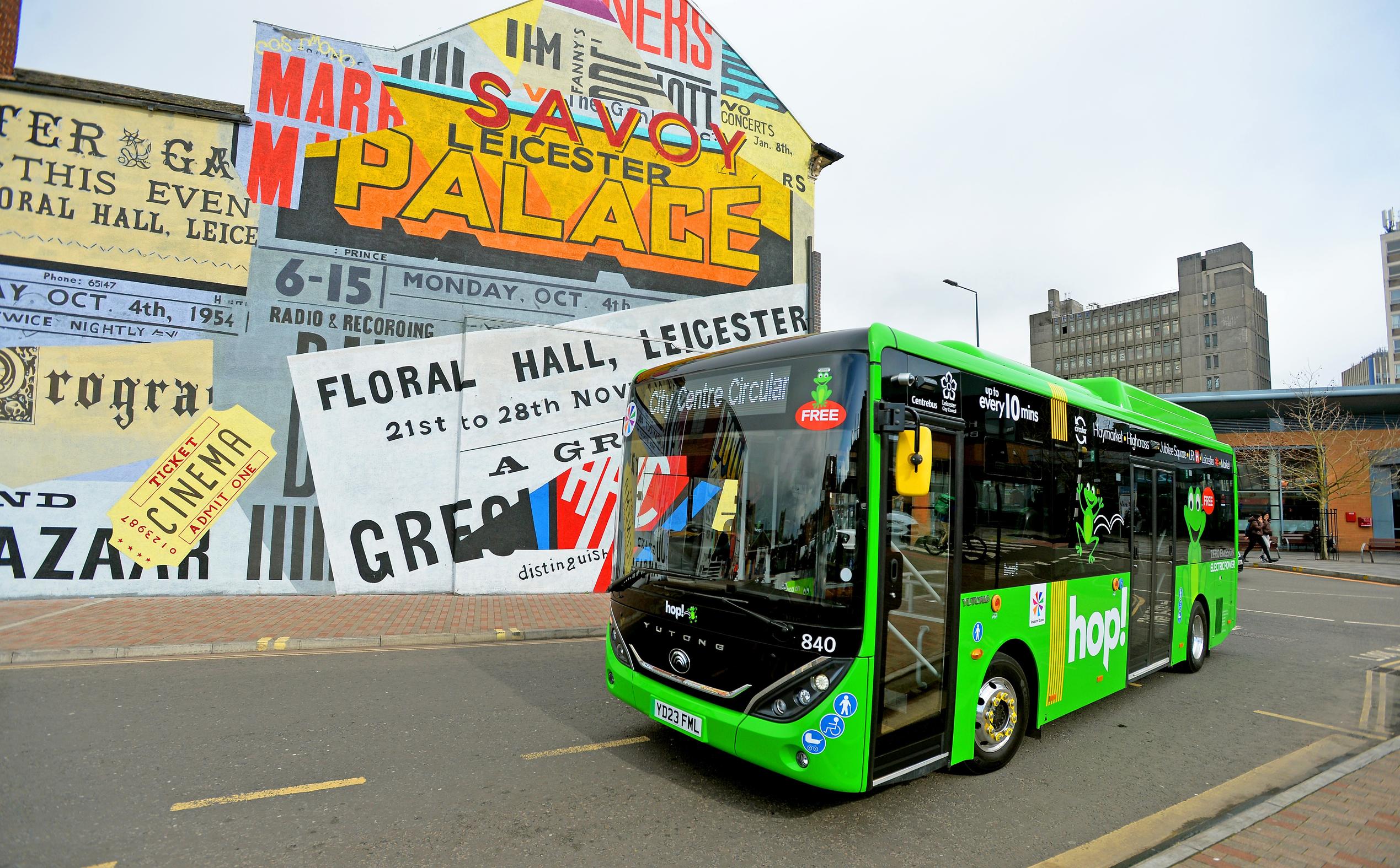 The fleet of three electric Hop! buses run every 10 minutes in Leicester city centre