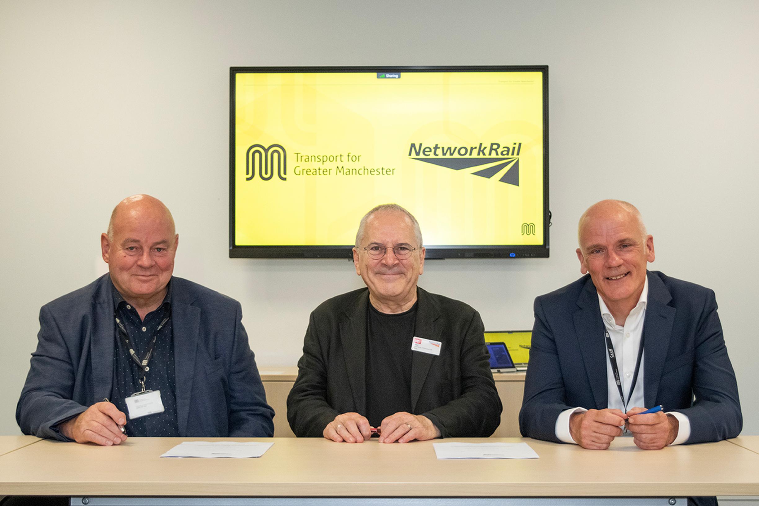 From left: Eamonn Boylan, Chief Executive of TfGM; Lord Hendy, Chair of Network Rail; Steve Warrener, Managing Director of TfGM