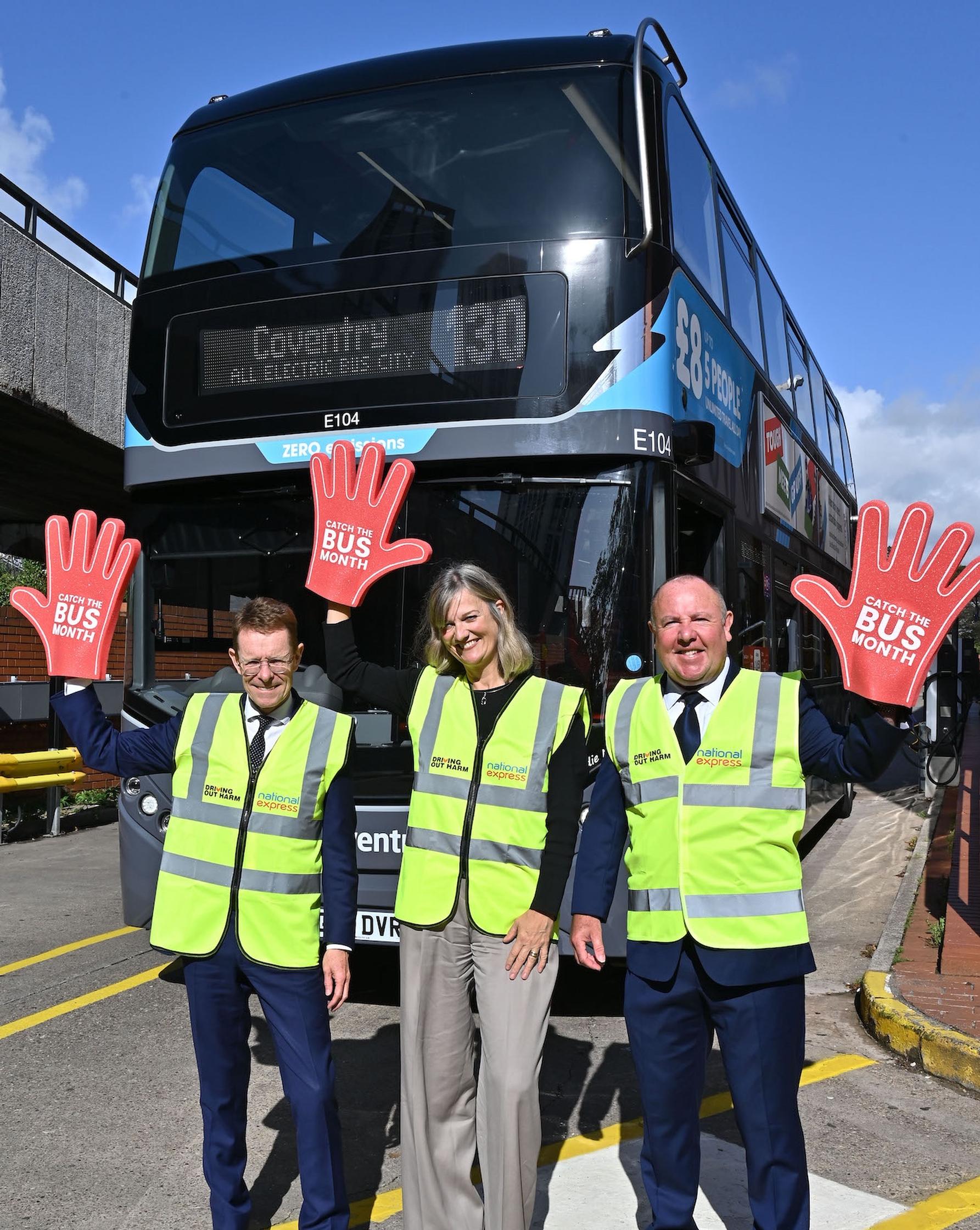 West Midlands mayor Andy Street, National express boss Alex Jenson and Coventry Council’s Jim O’Boyle launch more zero emission buses