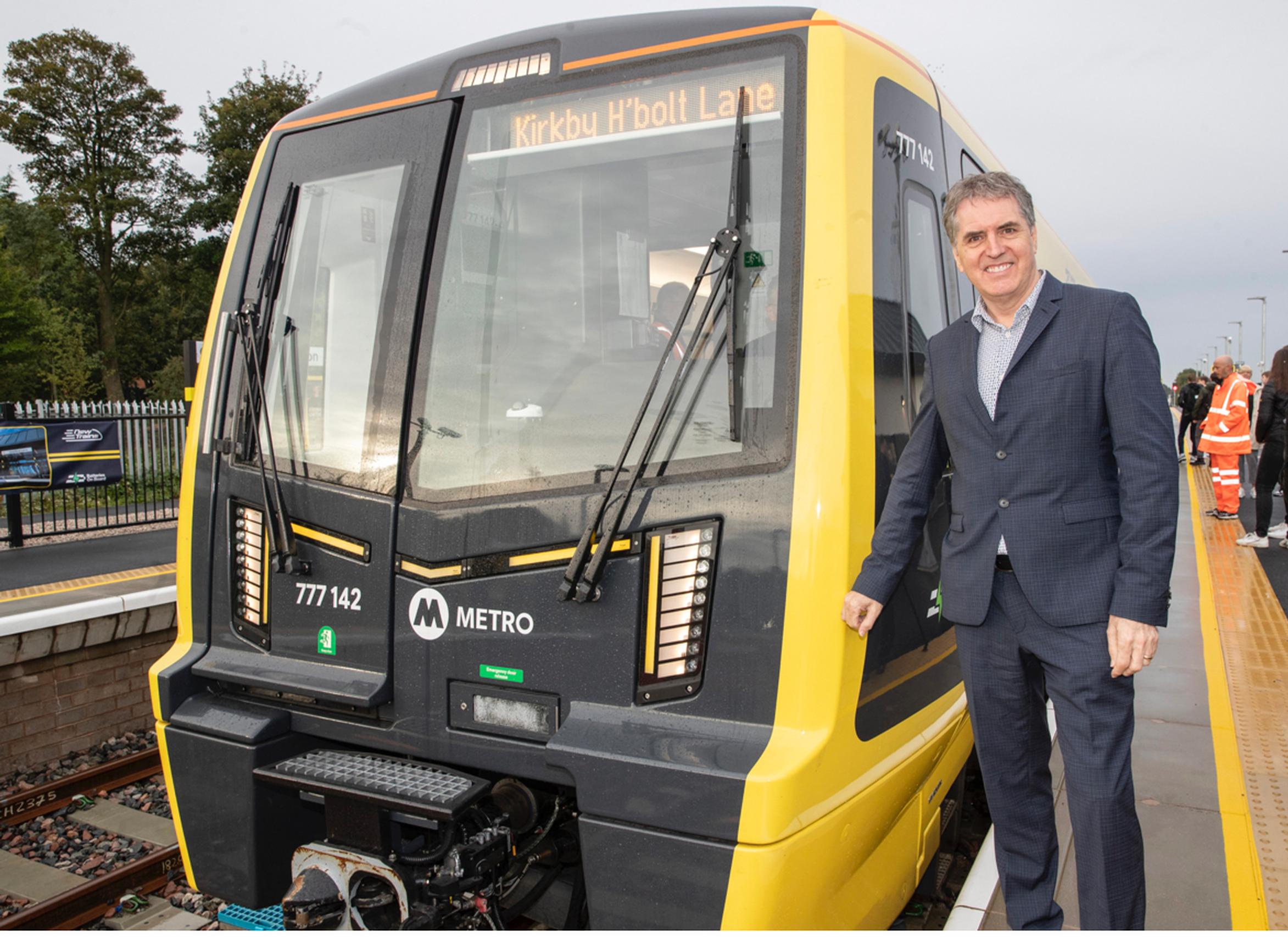 Liverpool City Region mayor Steve Rotheram with one of the Battery powered class 777 trains