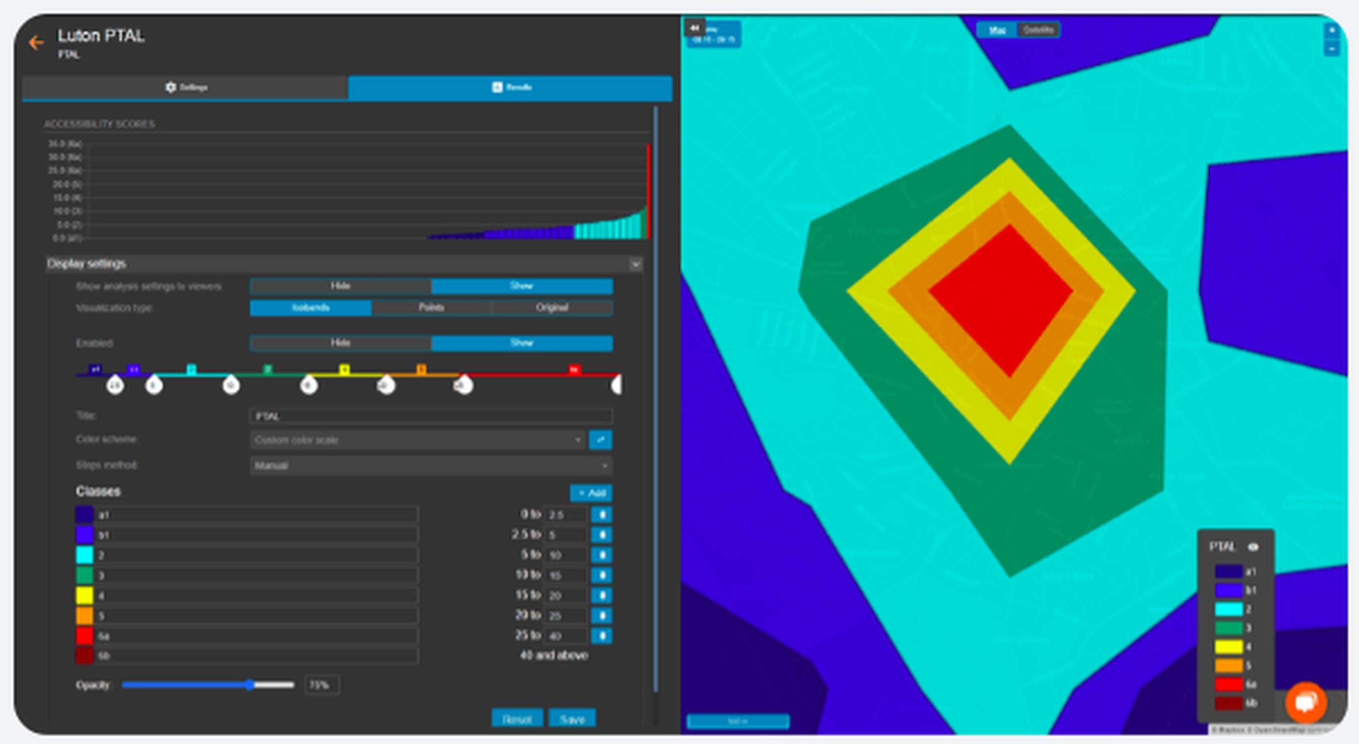 The Podaris:Insight tool allows users to feed in different metrics and see the impacta on accessibility in colour-coded isochrones