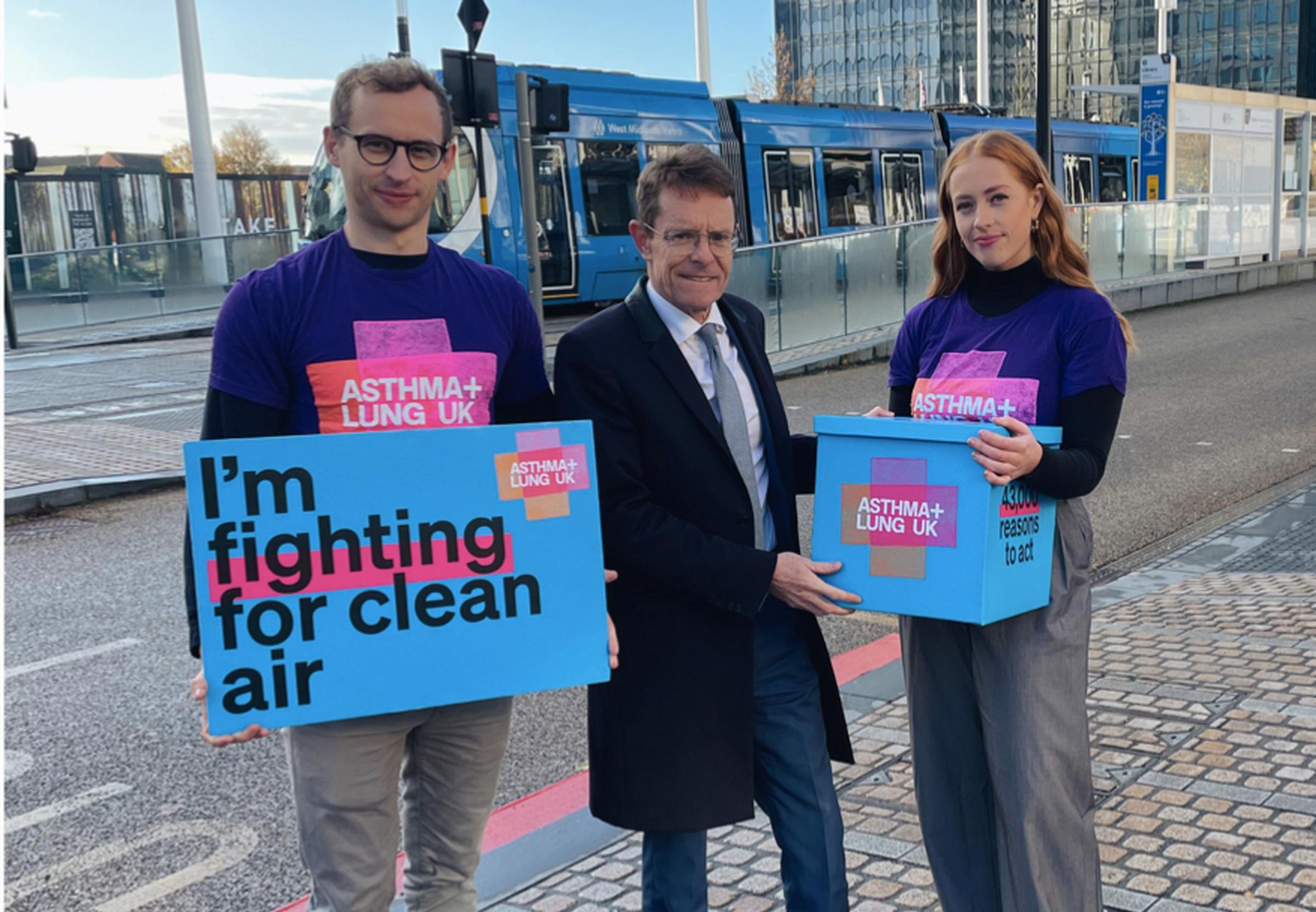 Mayor of the West Midlands and WMCA chair Andy Street, with Tim Dexter, Asthma + Lung UK clean air lead and Maddy Dawe, the charity`s regional campaigns and policy officer
