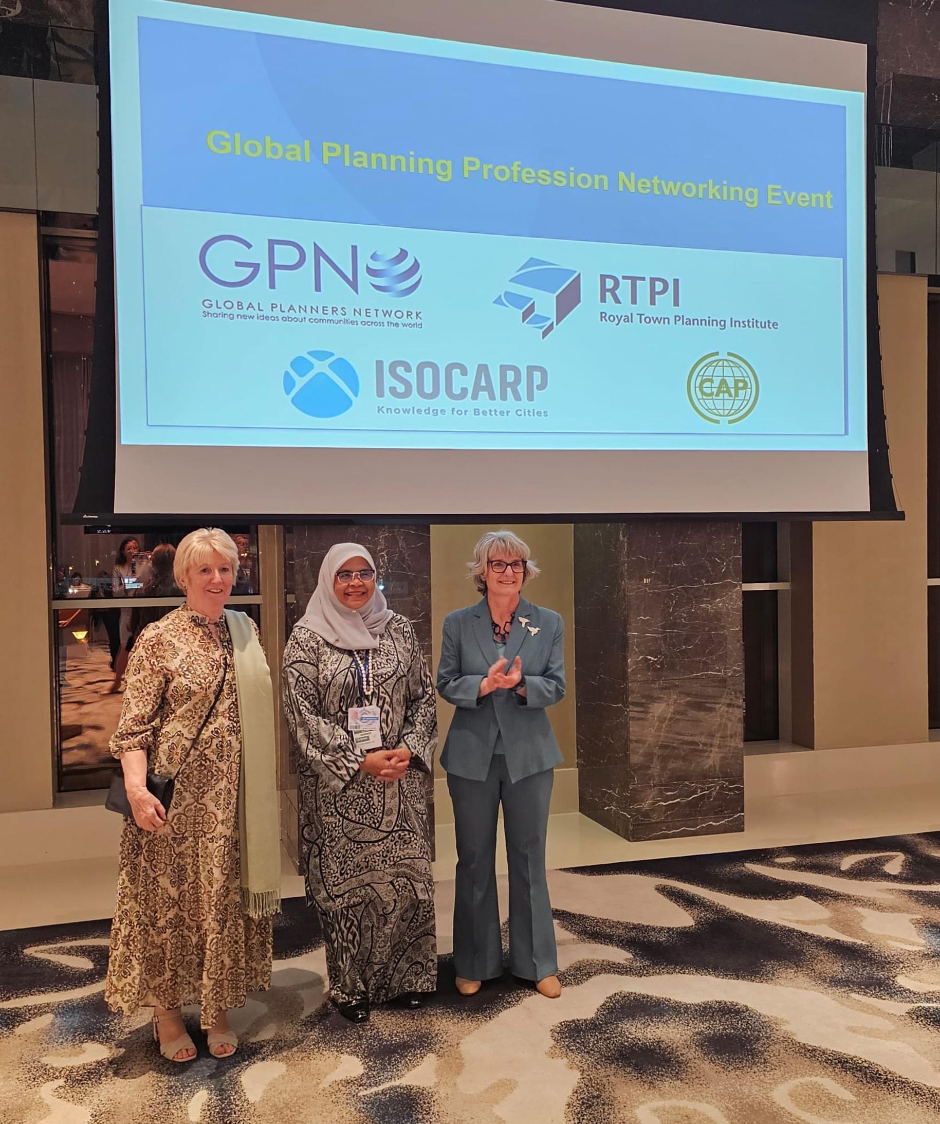 From left: Susan Bridge, President of Royal Town Planning Institute; Dr Maimounah Sharif, Chief Executive of UN Habitat; and Martina Juvara, official observer for the International Society of City and Regional Planners and LTT’s correspondent at COP28